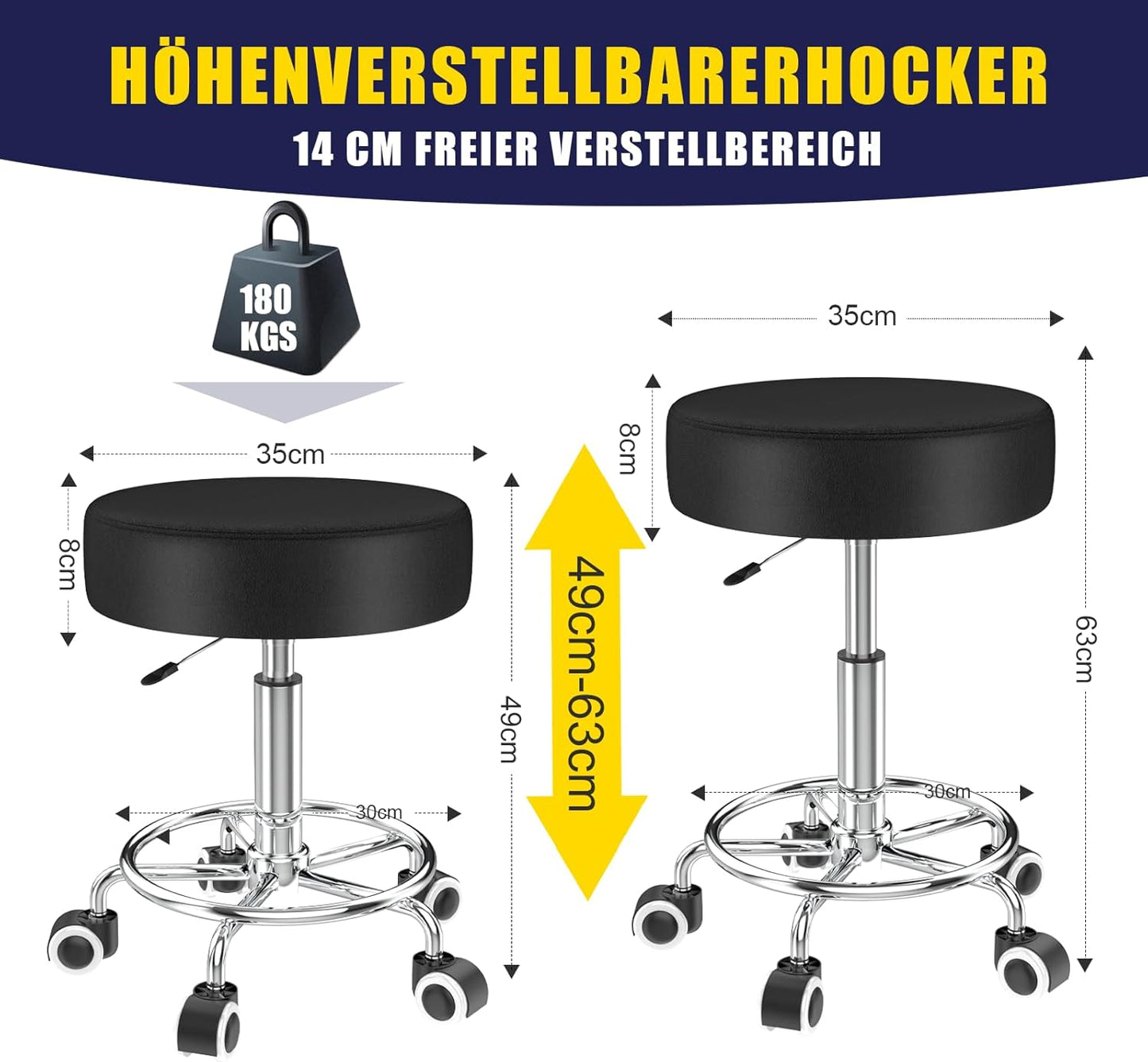 Höhenverstellbarer Rollhocker, 1 Schwarz