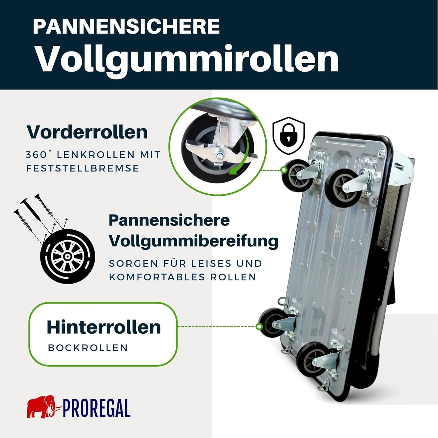 Klappbarer Plattformwagen mit Werkzeugtasche, Traglast 150kg - Vollgummibereifung Schwarz
