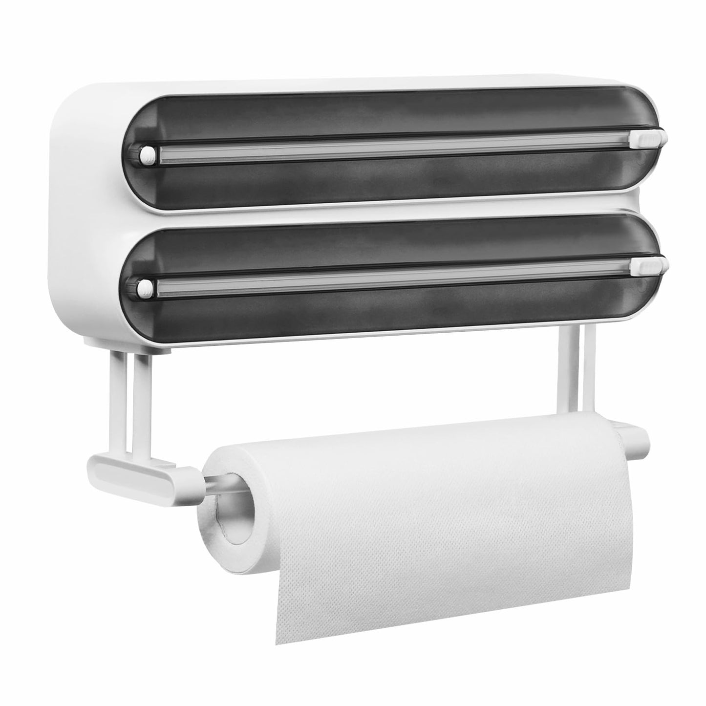 3-in-1 Frischhaltefolienspender mit Folienschneider und Küchenrollenhalter, Schwarz