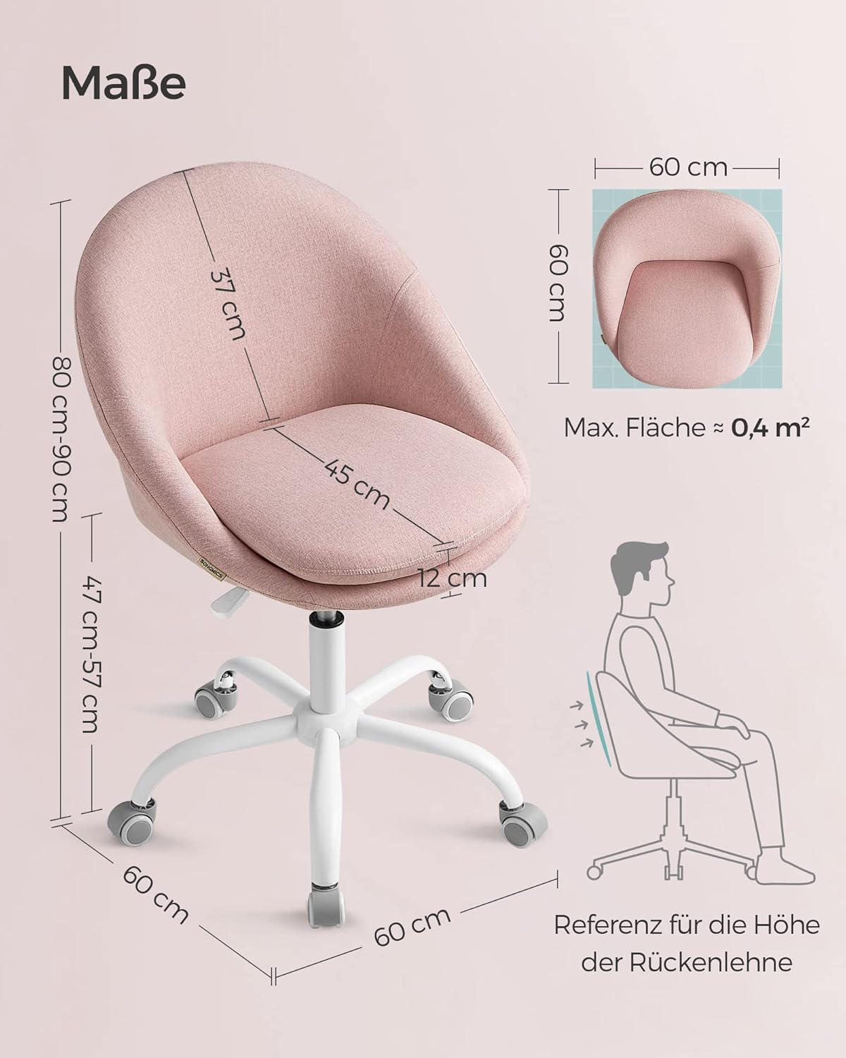 Homeoffice-Schreibtischstuhl, höhenverstellbar, Pastellrosa, Legierter Stahl Baumwolle