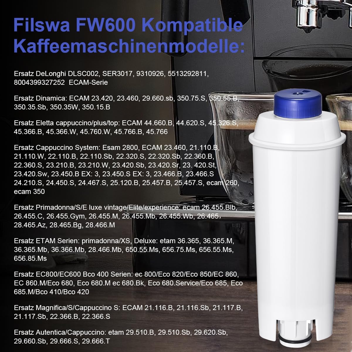 FW600 Wasserfilter-Set für Delonghi Kaffeevollautomaten, 6 Stück