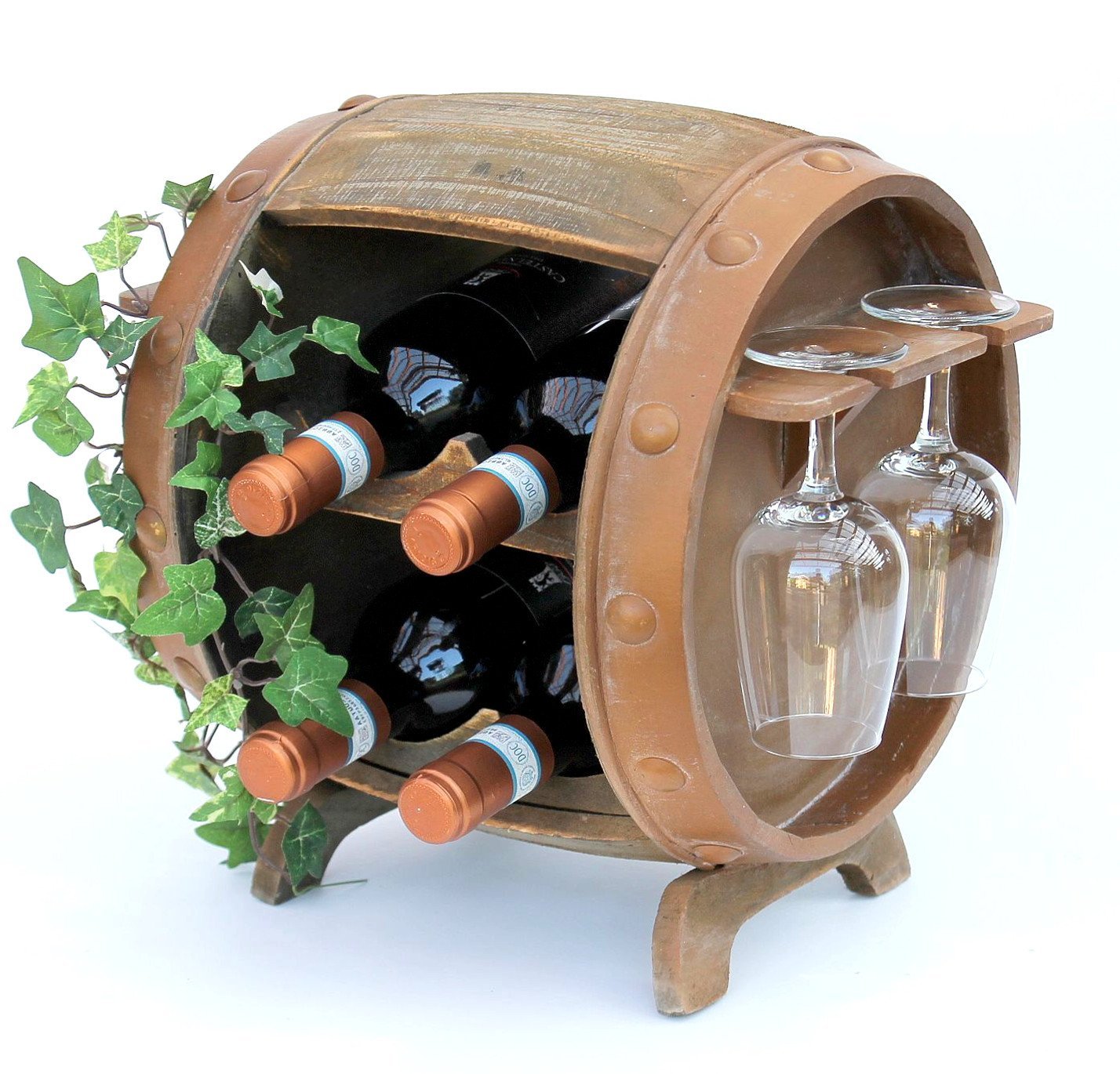 Weinfass-Flaschenregal mit Glashalter