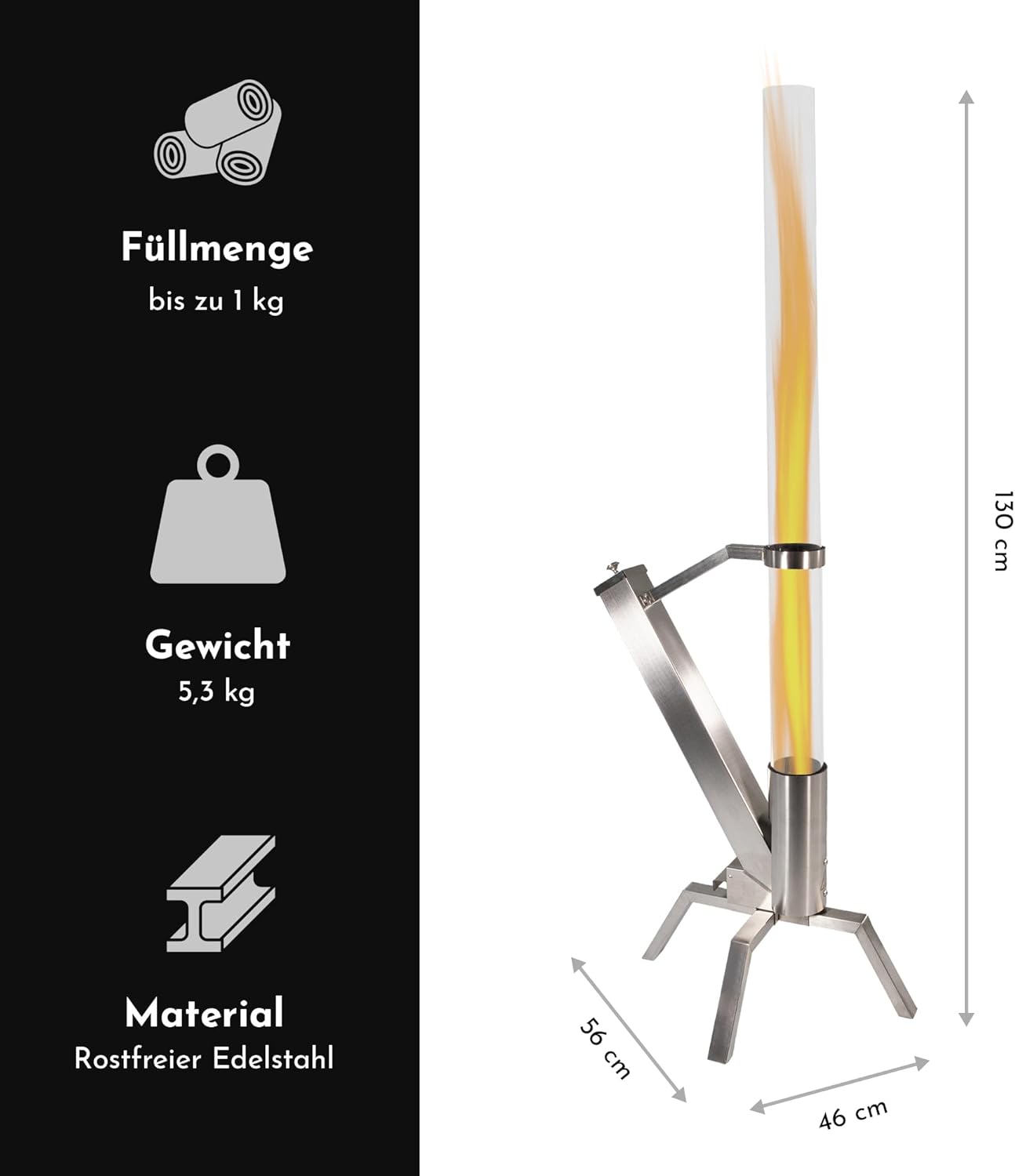 Pelletbefeuerte Gartenfackel mit Glasröhre, Gartenfackel
