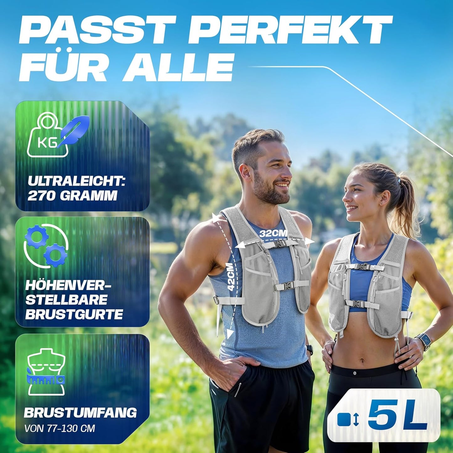 Laufweste mit Trinkblase, 5L - weissgrau - mit Trinkblase 5L