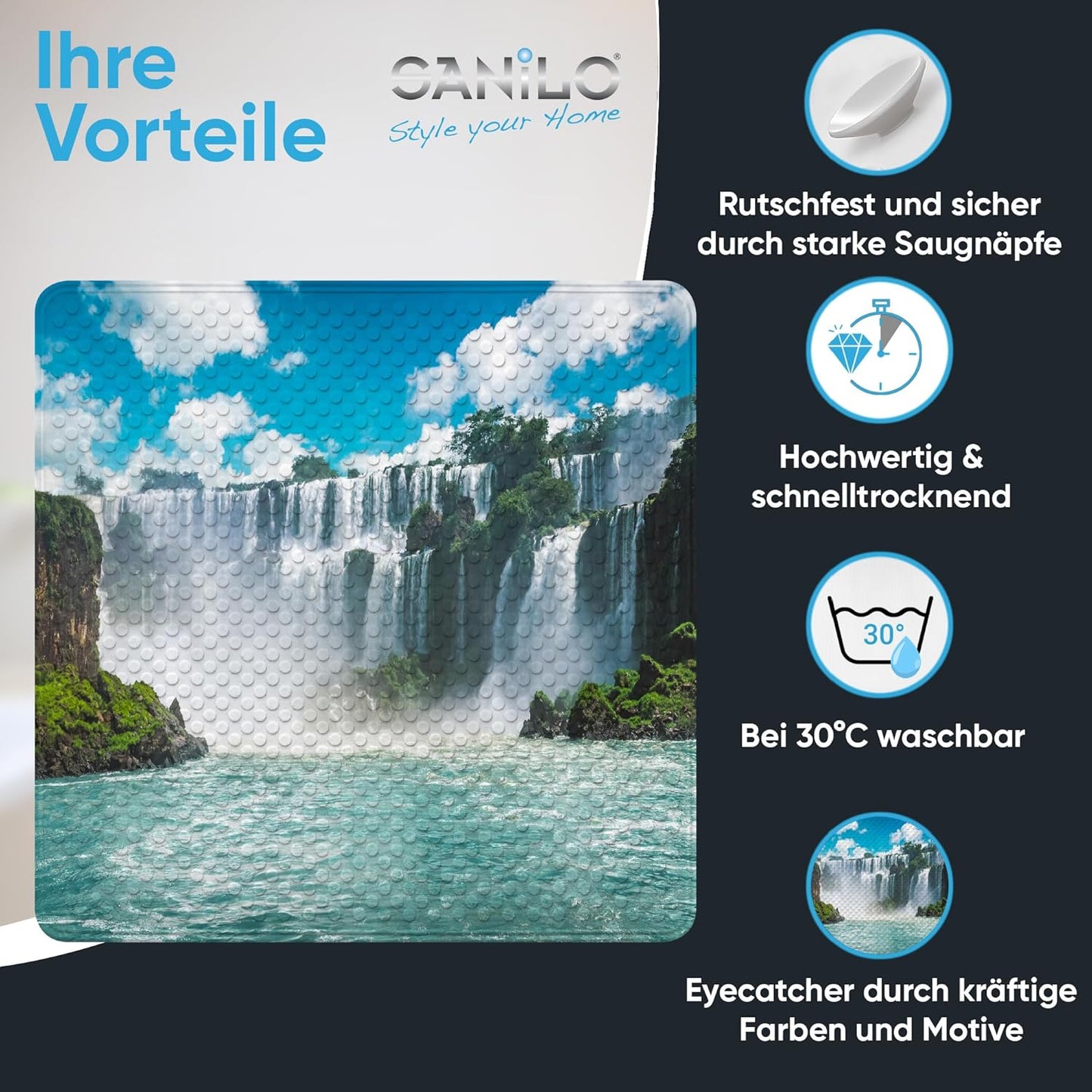Rutschfeste Badematte 53x53 cm, maschinenwaschbar, Wasserfall