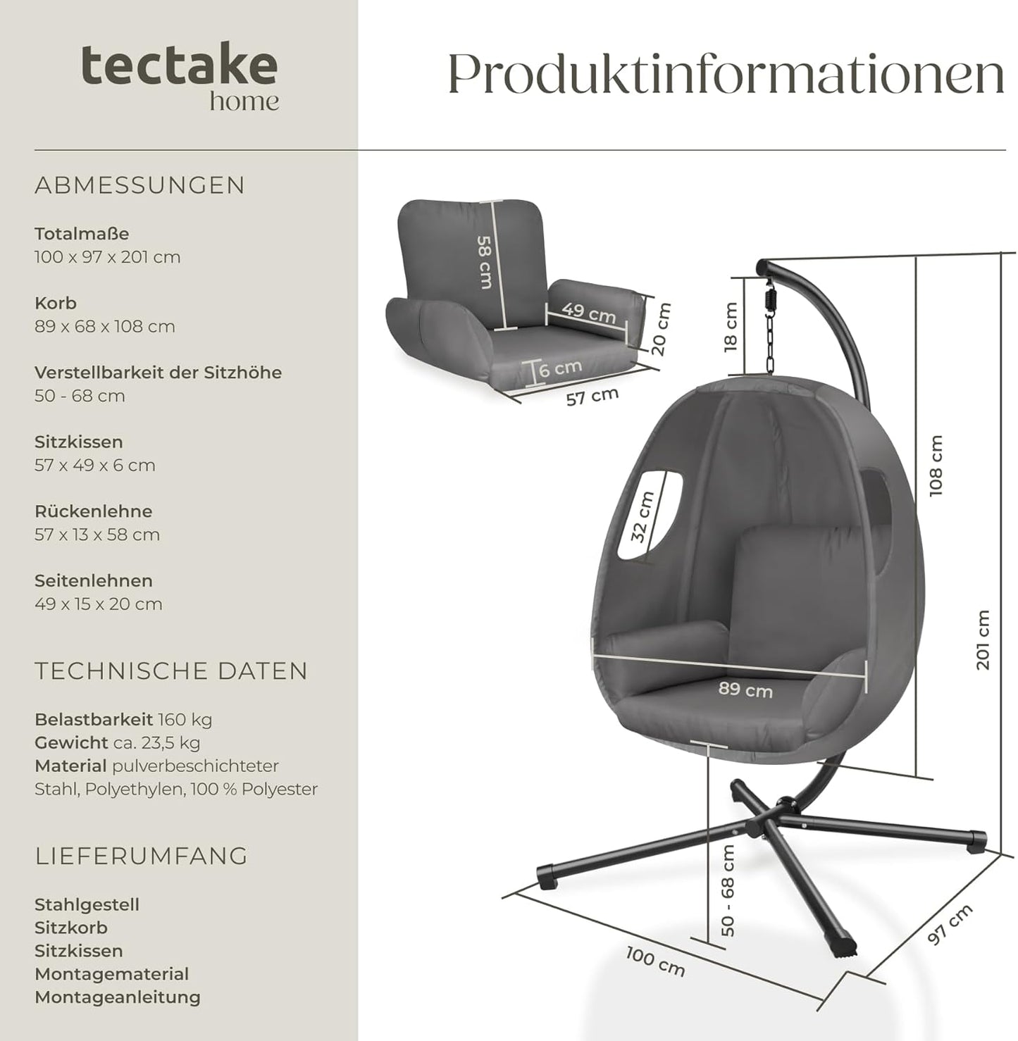 Anika Hängesessel mit Gestell, Anthrazit