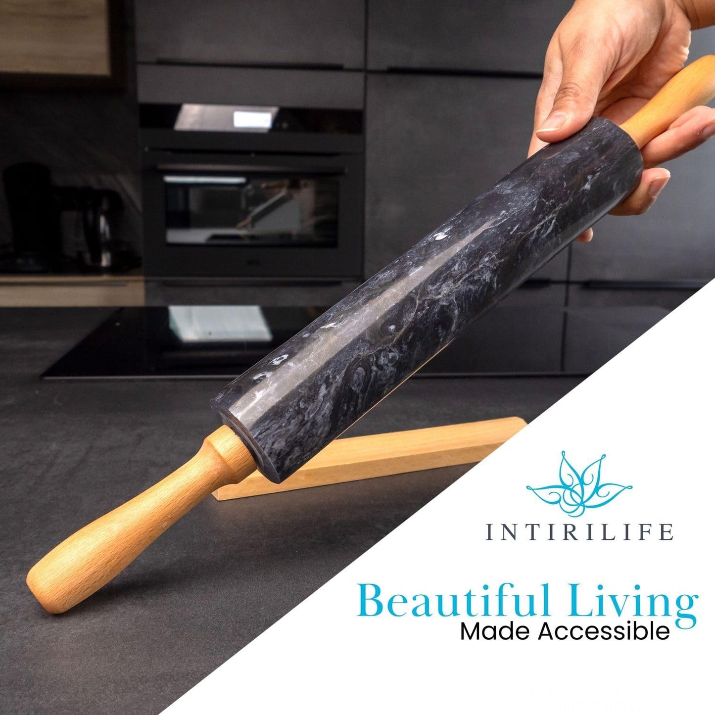 Nudelholz aus Marmor mit Ablage (46,5 cm), Marmor Schwarz