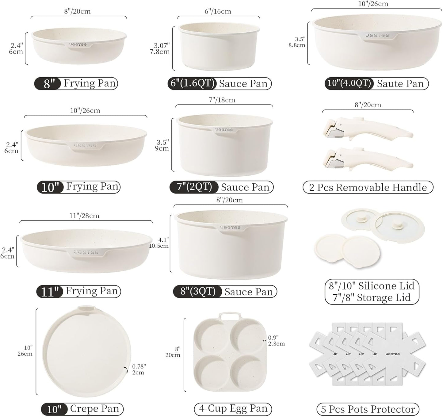20-teiliges Antihaft-Topf- & Pfannenset mit abnehmbaren Griff, Beige 20 PCS
