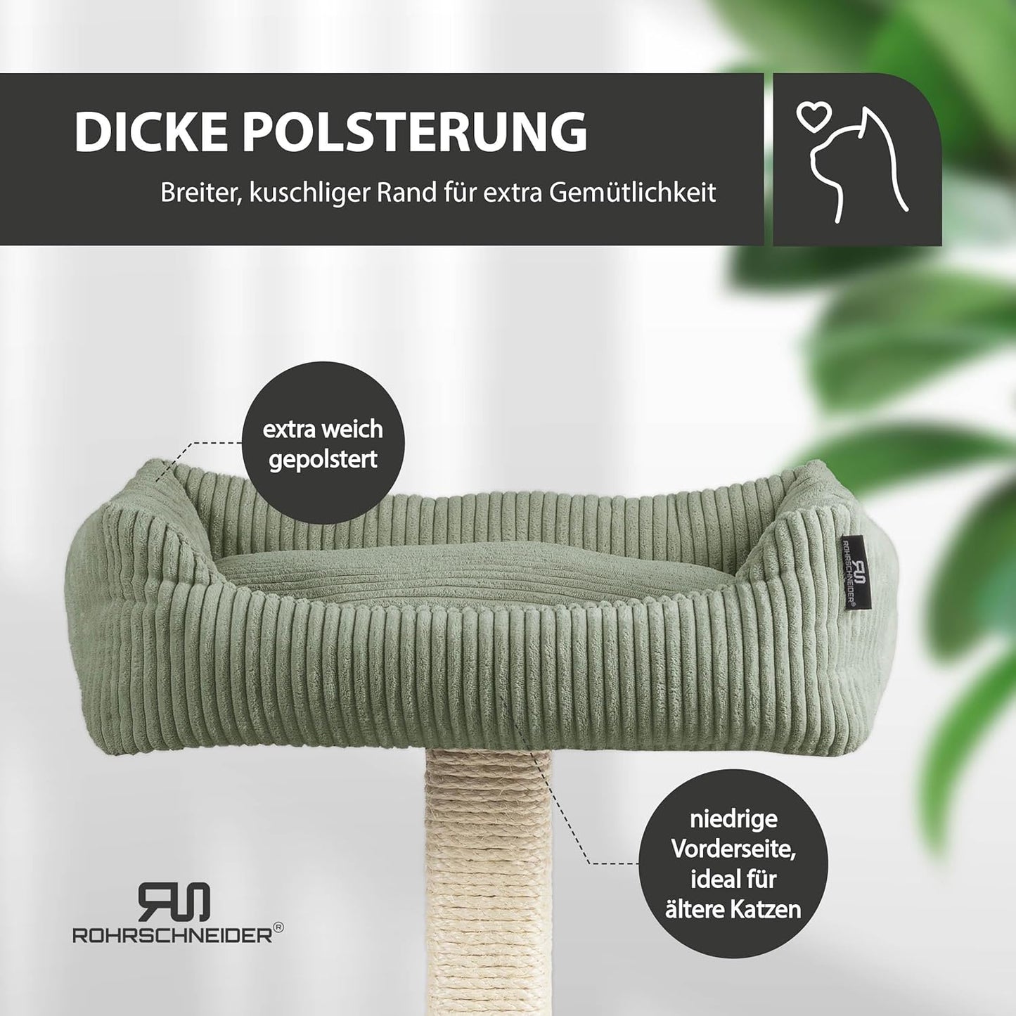 Kleiner Katzenbaum mit Kratzstamm aus Holz, Cordstoff breit salbei
