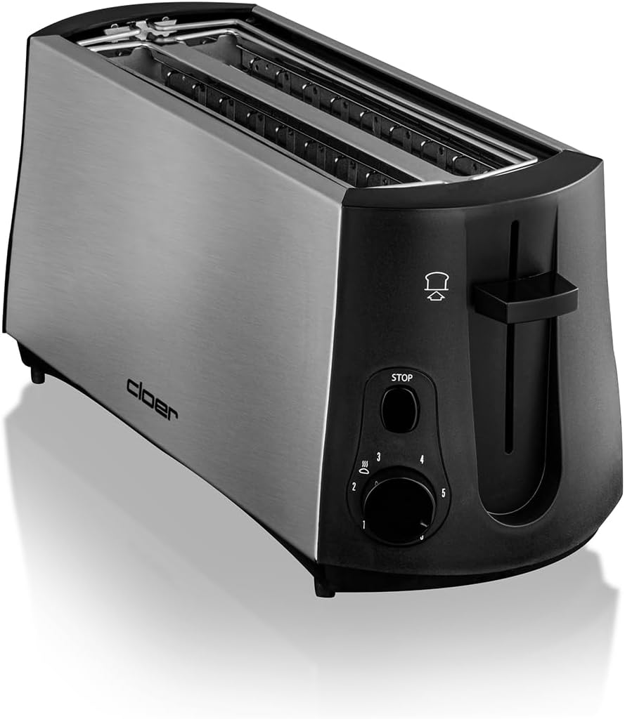 Langschlitztoaster für 4 Scheiben mit Brötchenaufsatz, Edelstahlgehäuse 4 Scheiben Langschlitz Single