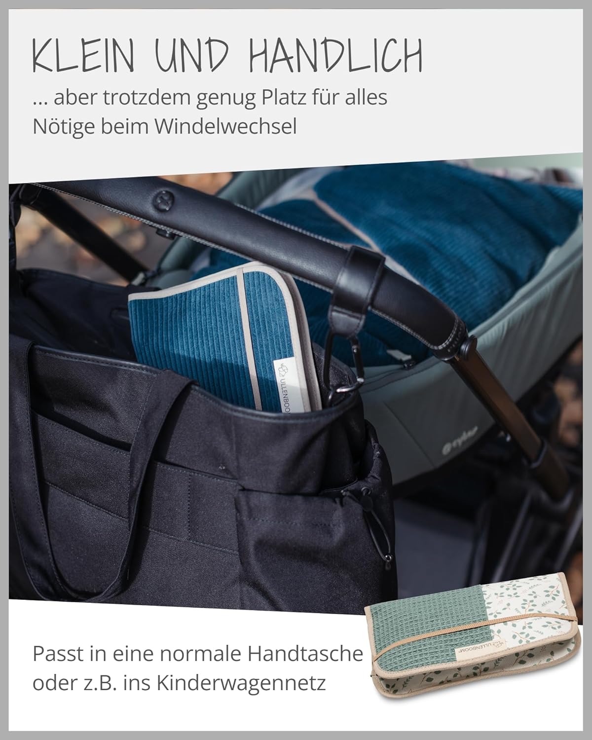 Wickeltasche für unterwegs (bis zu 3 Windeln), Floral Grün 18 x 27 cm