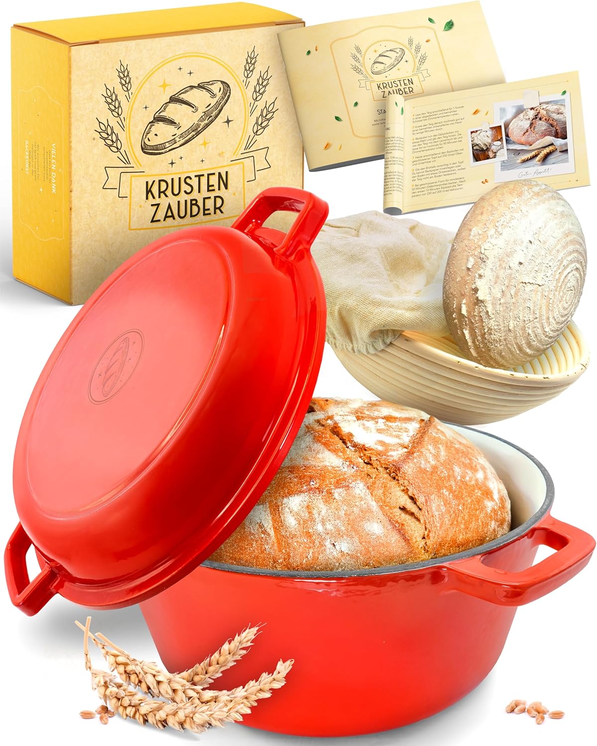 Gusseisen Brottopf mit Gärkorb, 2in1 Emaille Rot 2in1 Emaille Rot