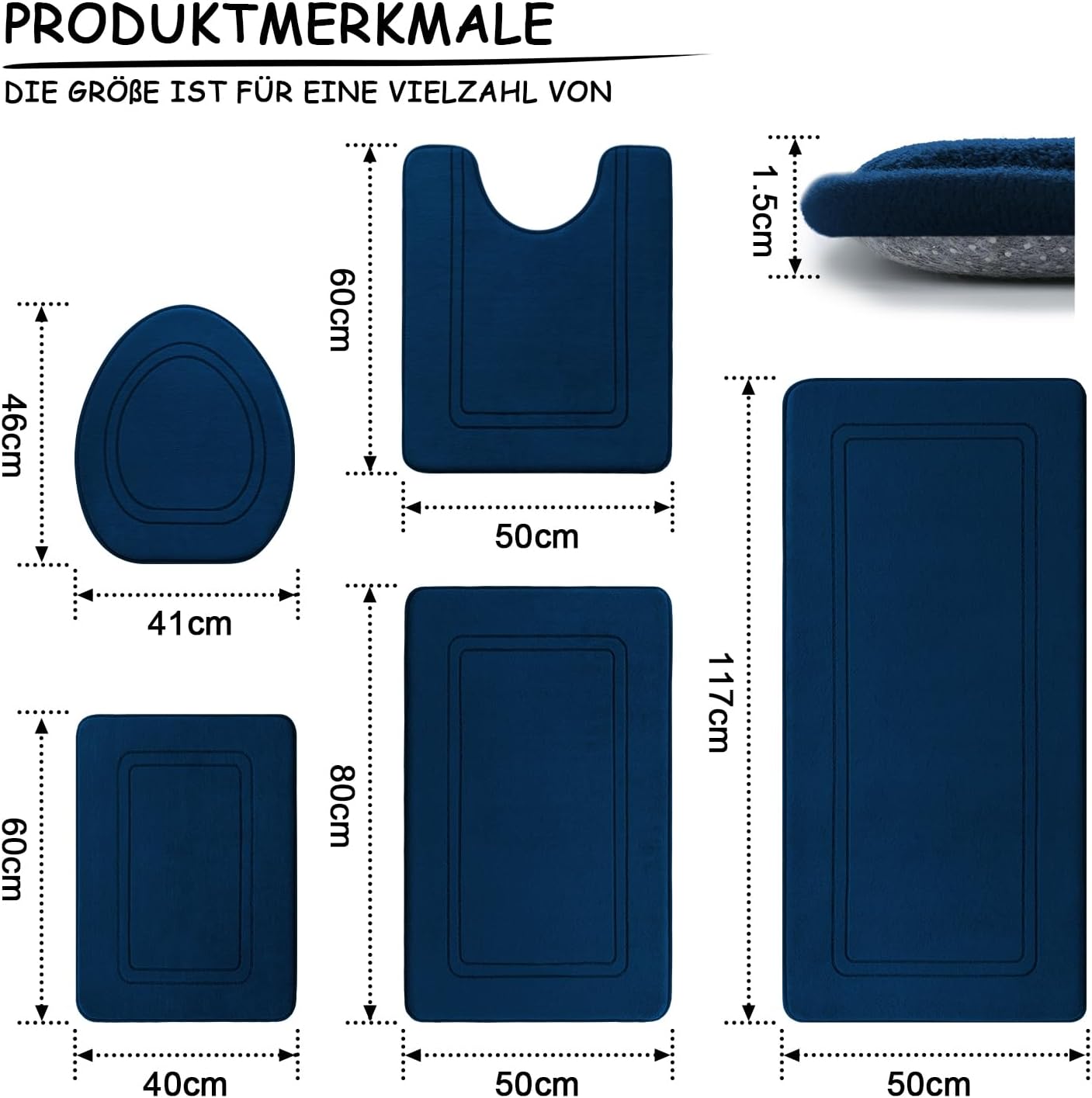 5-teiliges Badezimmerteppich-Set, rutschfest, waschbar, Multi-Size (5 Pieces) Navy Blau