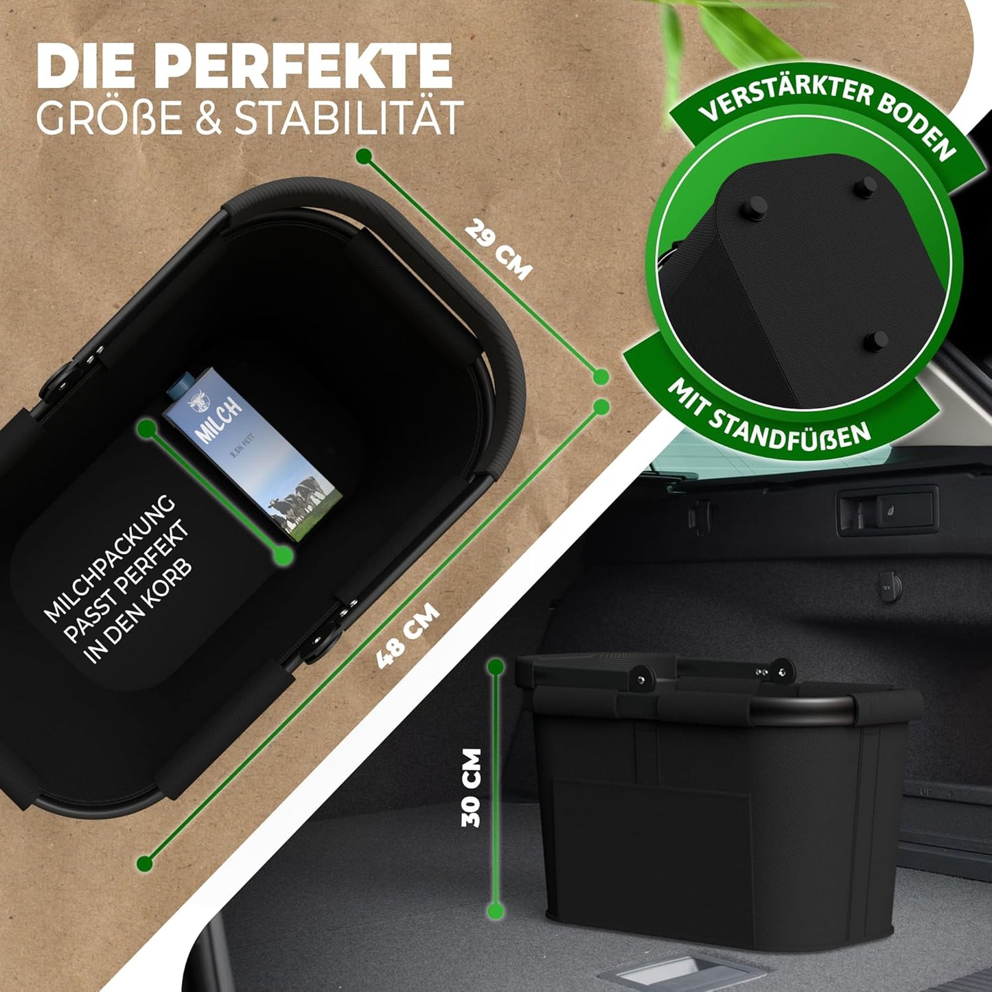 Stabiler Einkaufskorb mit Innentasche und Frontfach, Schwarz