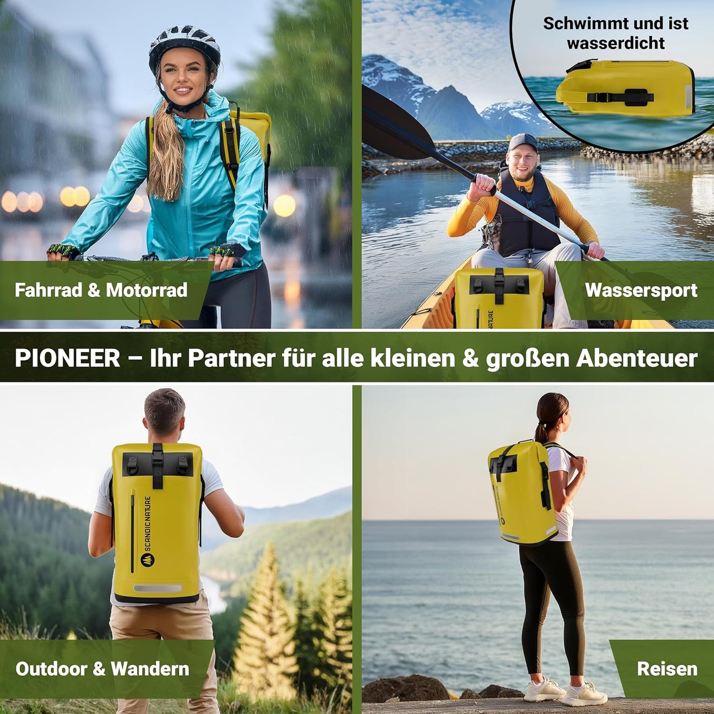 Wasserdichter Rucksack mit Rolltop-Verschluss und Handyhülle, Gelb 55 Liter