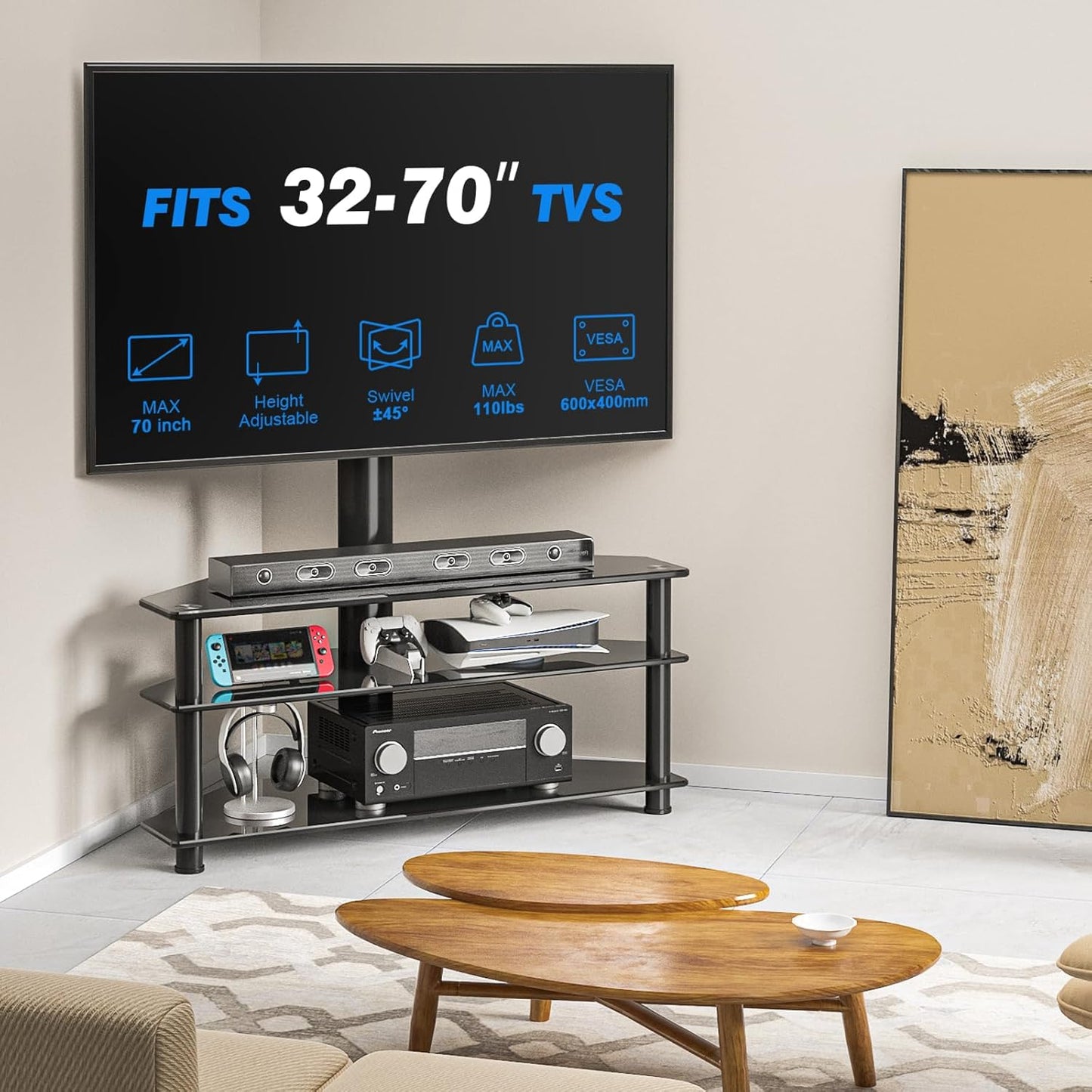 TV Rack mit Glasregalen für 32-70 Zoll Fernseher