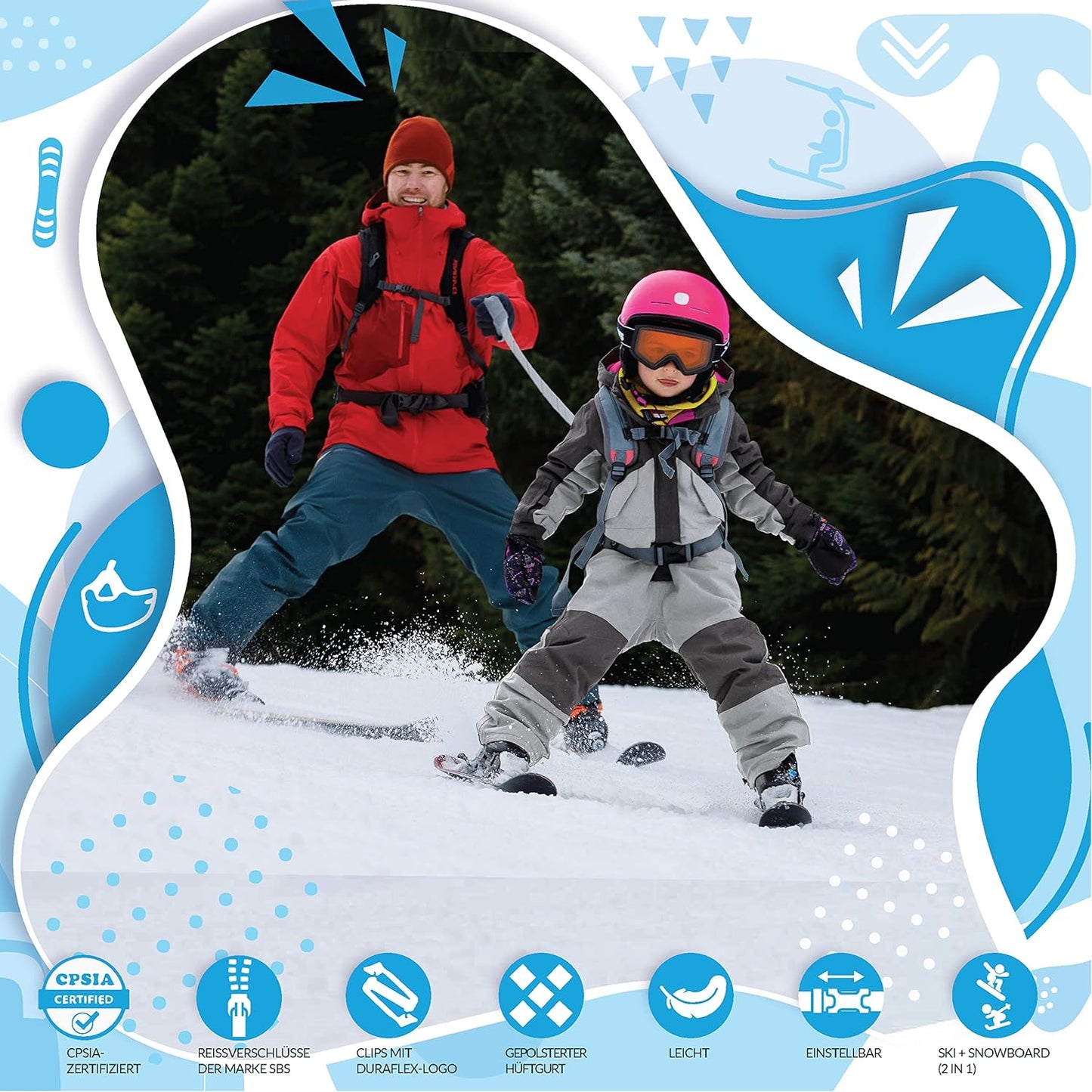 Kinderrucksack mit Sicherheitsleine für das Ski- und Snowboardtraining, Rosa