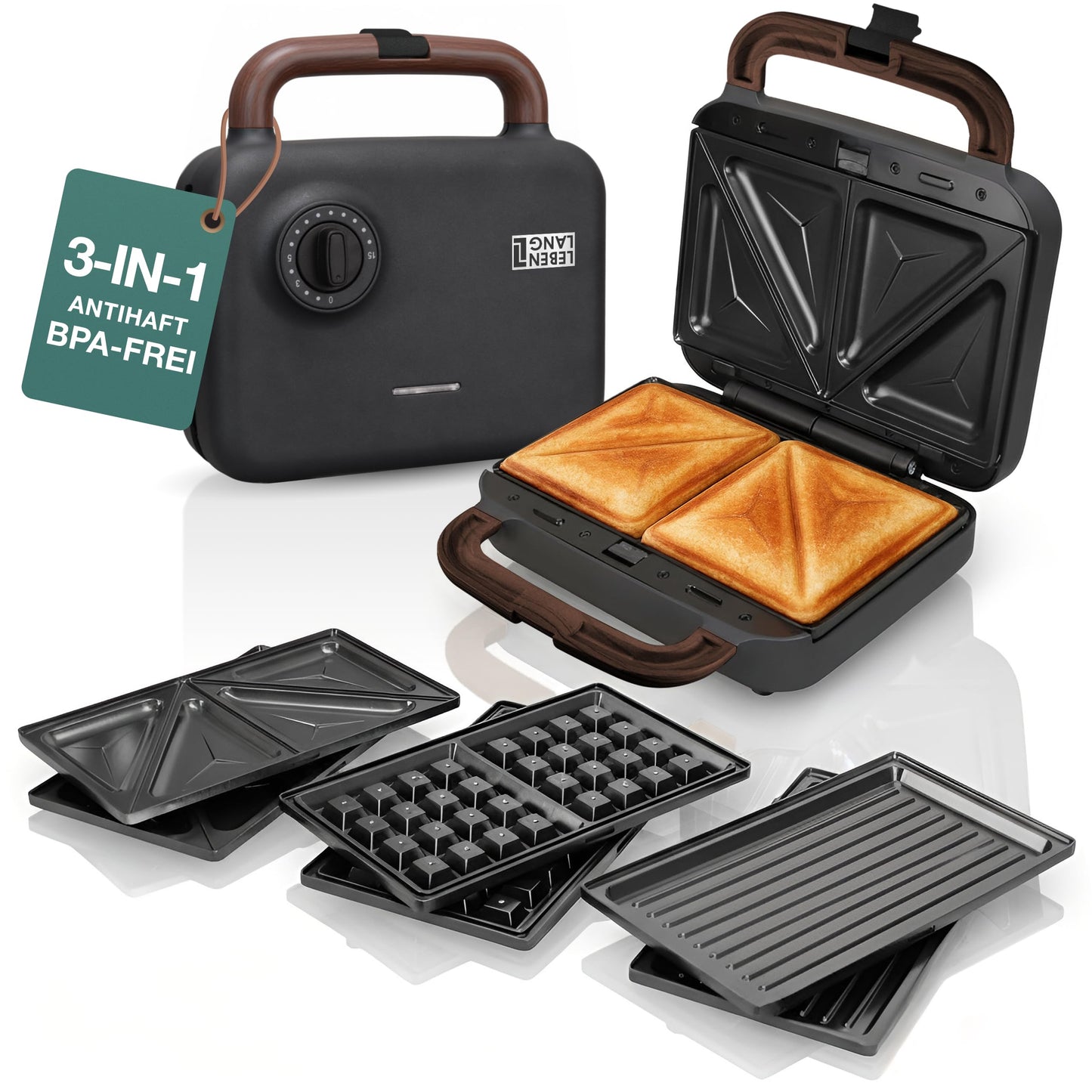 Sandwichmaker 3-in-1 mit Grill- und Waffeleinsätzen, Schwarz - 750w