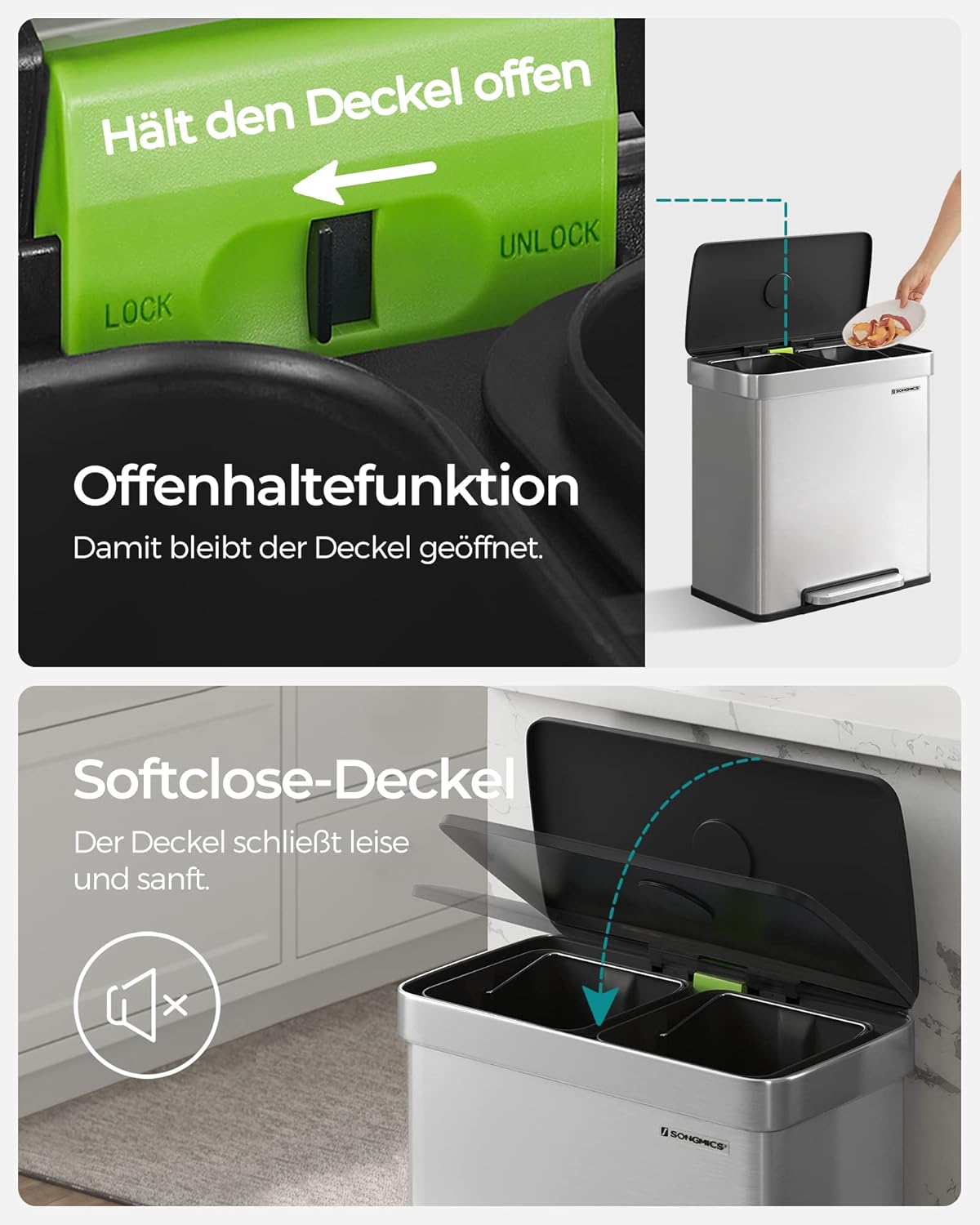 Mülltrennsystem mit Softclose LTB202E01 (2 x 30L), Silber