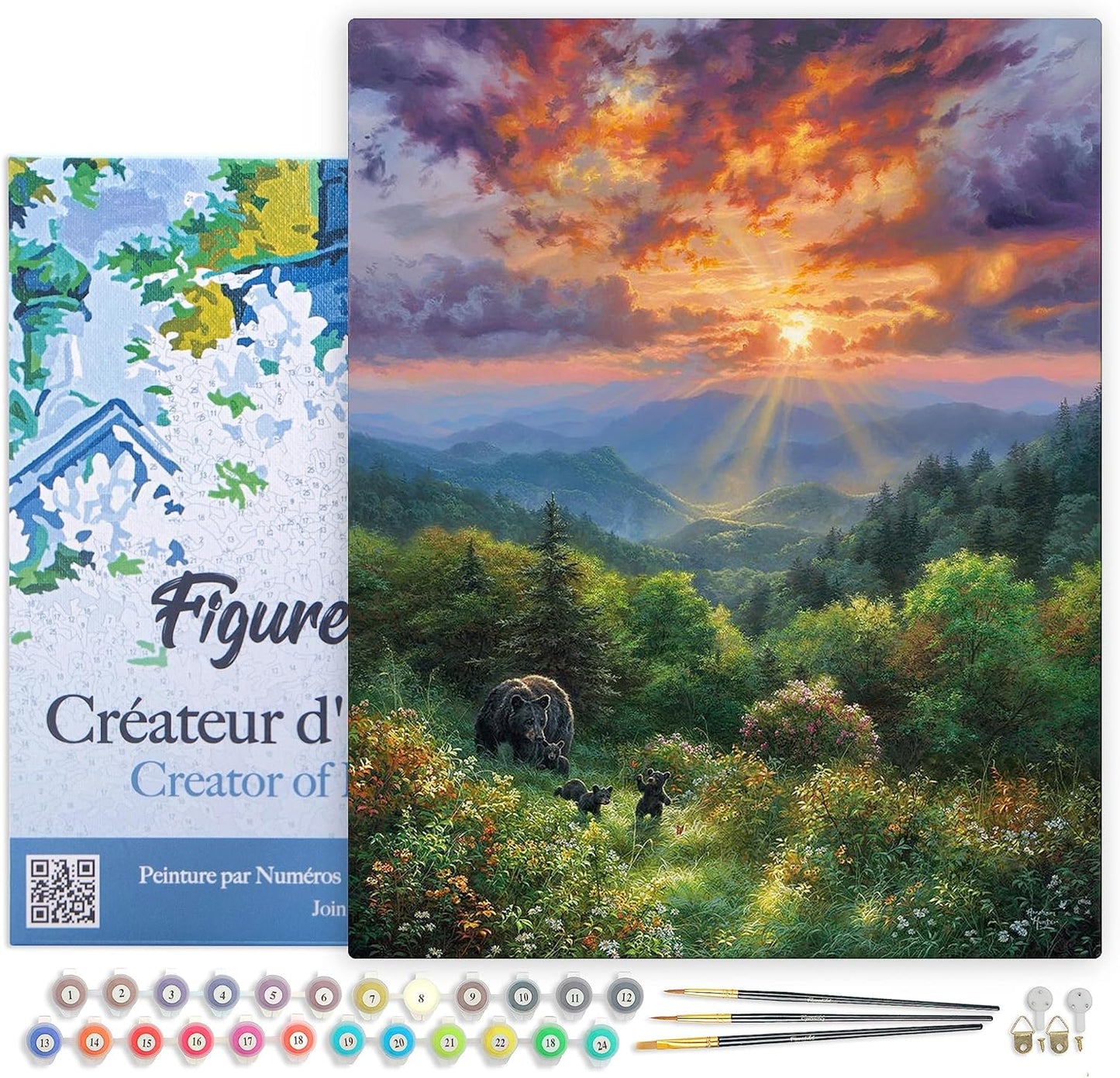 Malen nach Zahlen Set - Bär und Sonnenuntergang, Bär und Sonnenuntergang 40x50cm Mit Rahmen (bereits gespannt)