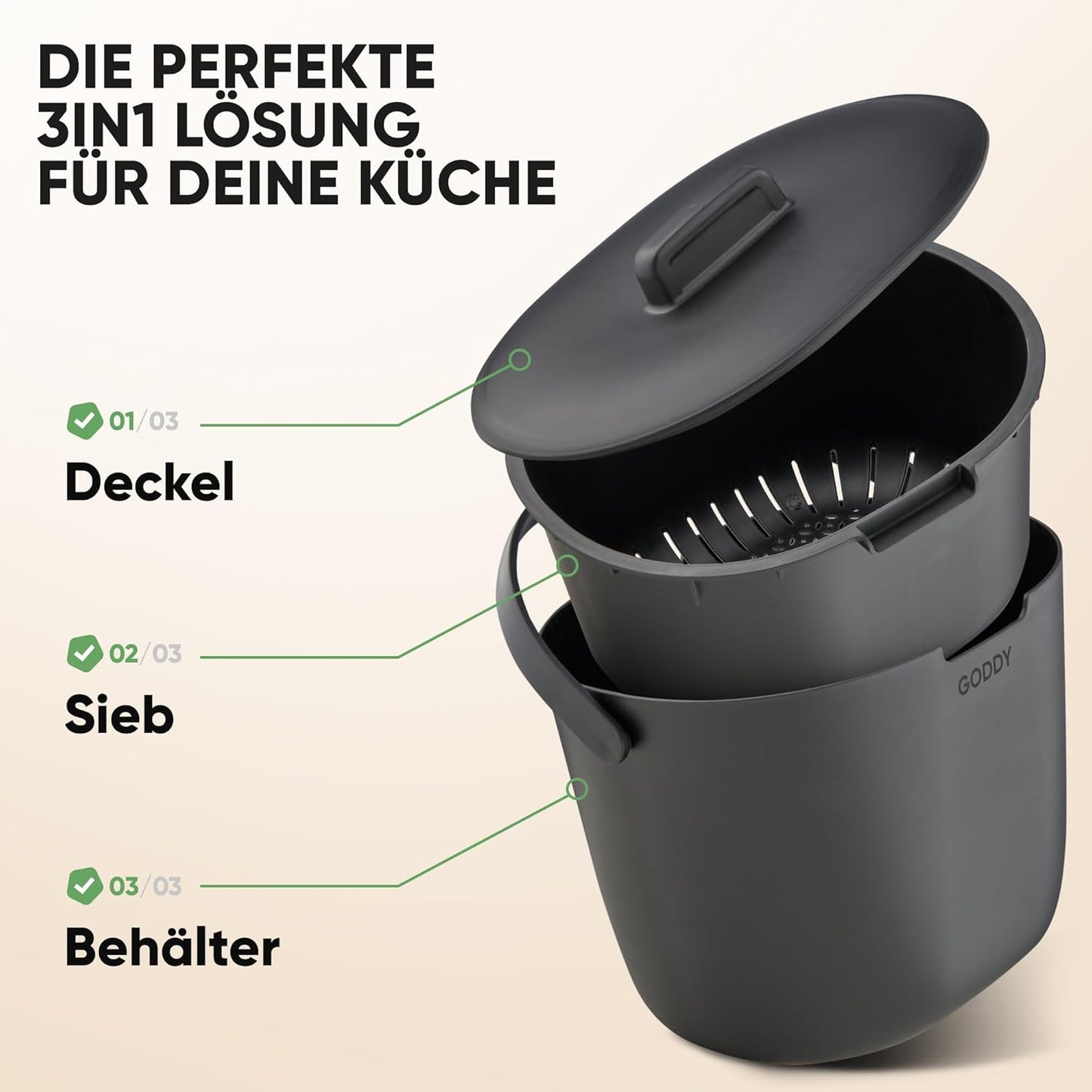 Biomülleimer mit Deckel und Sieb, Schwarz