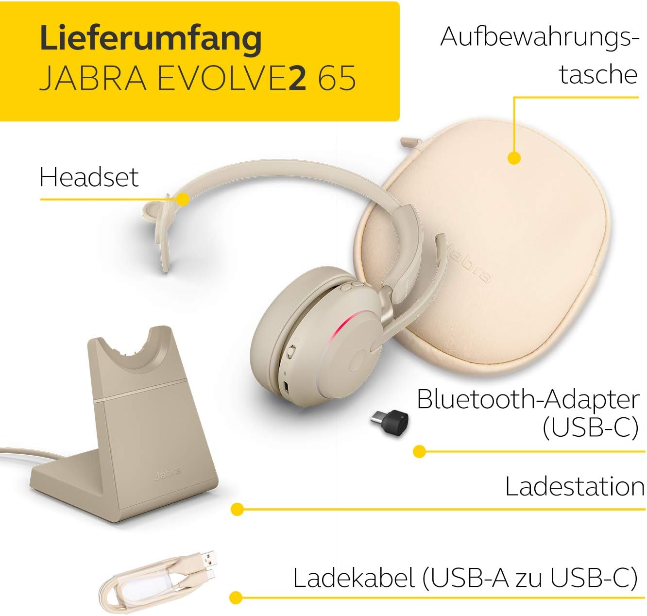 Evolve2 65 Wireless PC Headset mit Ladestation, Beige Mono Dongle USB-C+Support Optimiert für Microsoft Teams