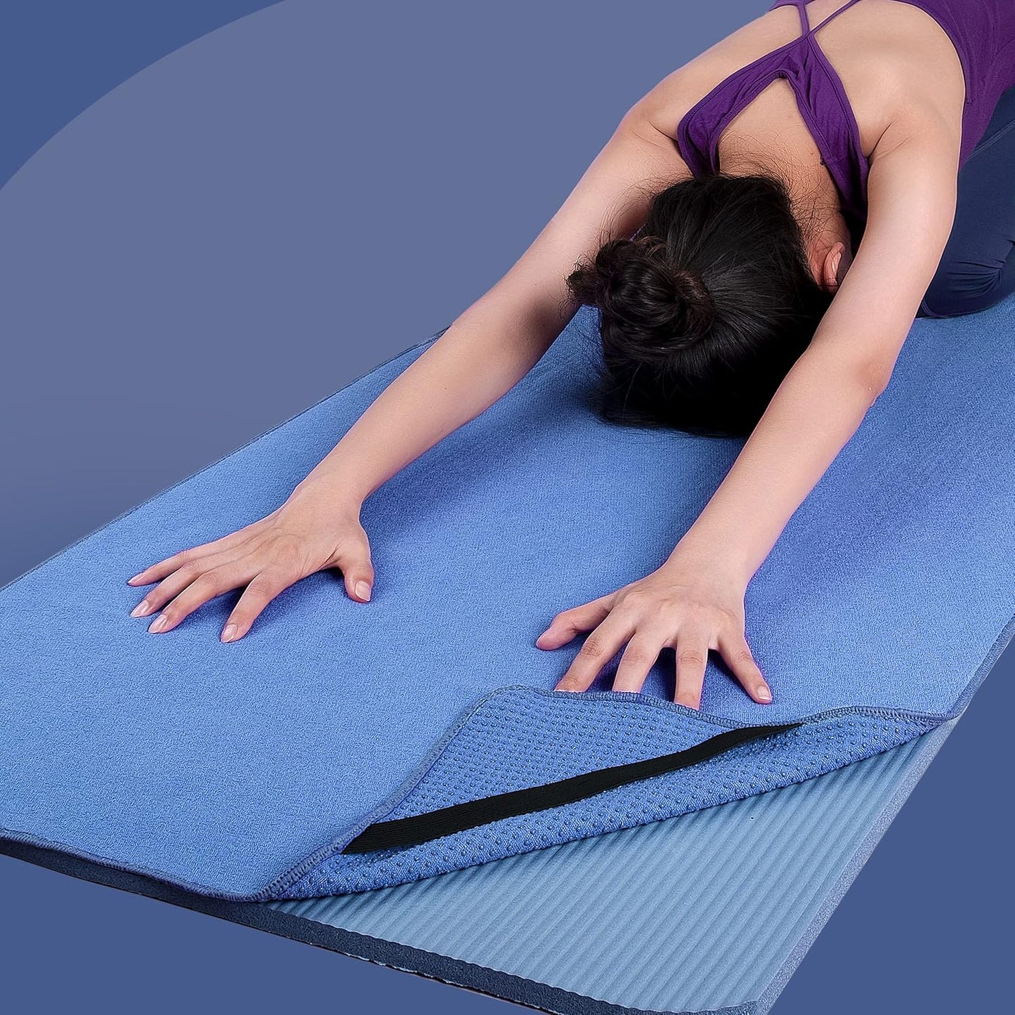 Rutschfestes Yoga Handtuch mit Bändern, Blau