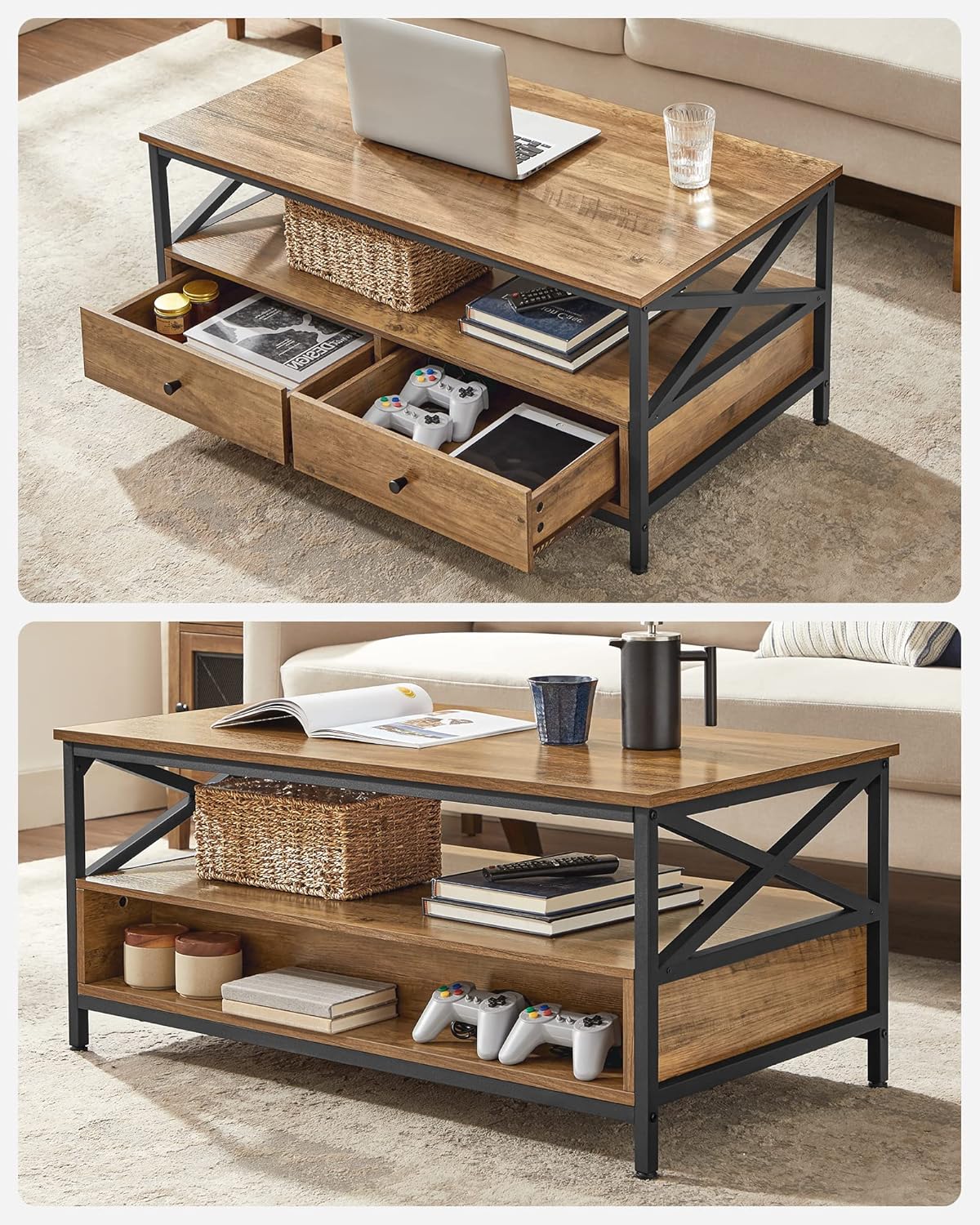 Couchtisch im Industrie-Design mit Schubladen, Braun