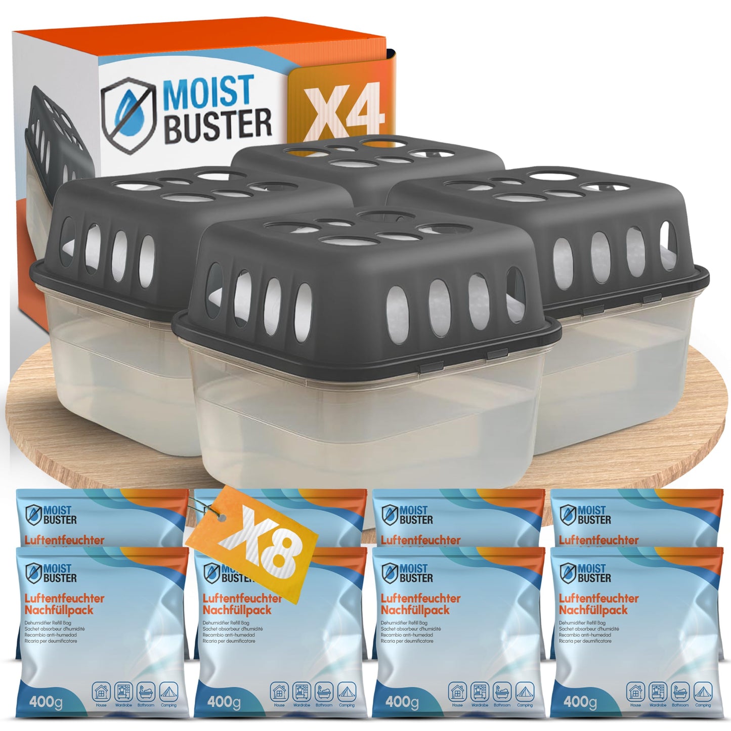 4-teiliges Luftentfeuchter Set inkl. 8 Nachfüllpacks, 4 X Titanium Gray