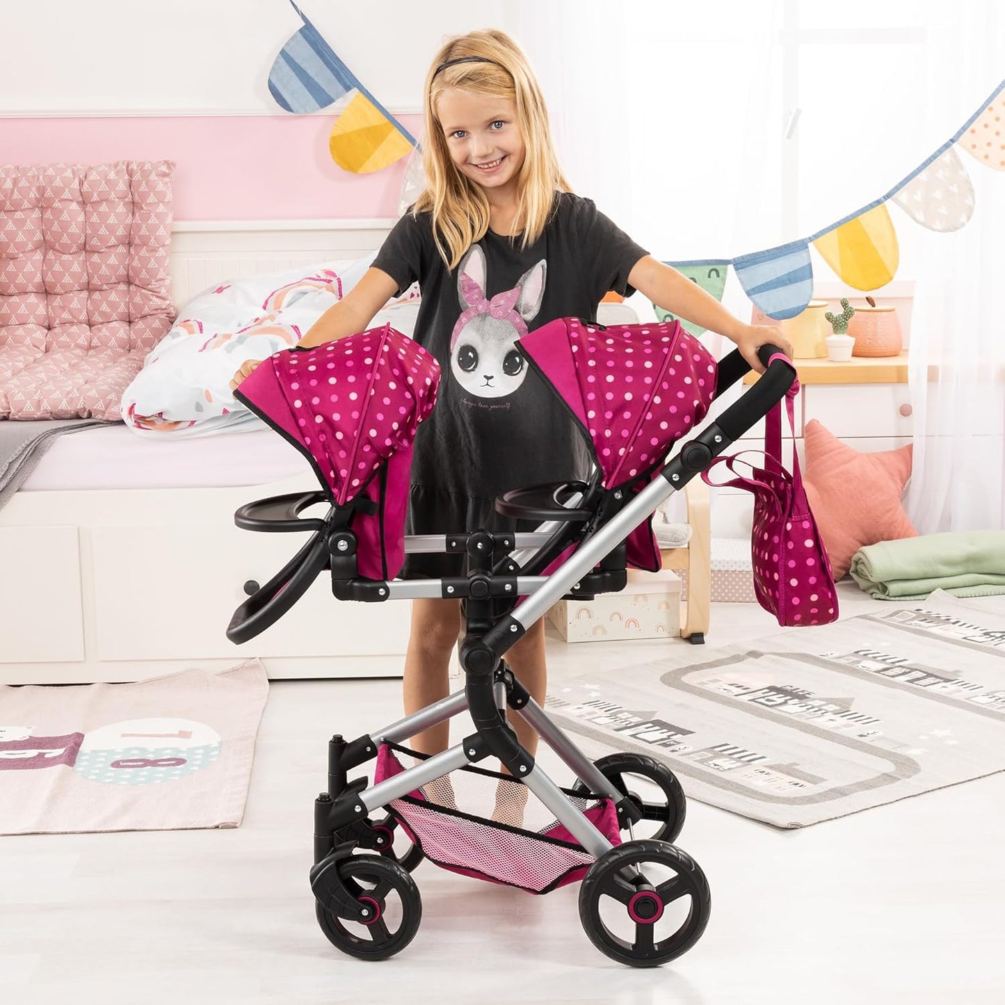 Zwillingspuppenwagen Twin Pram Neo mit Schwenkschieber