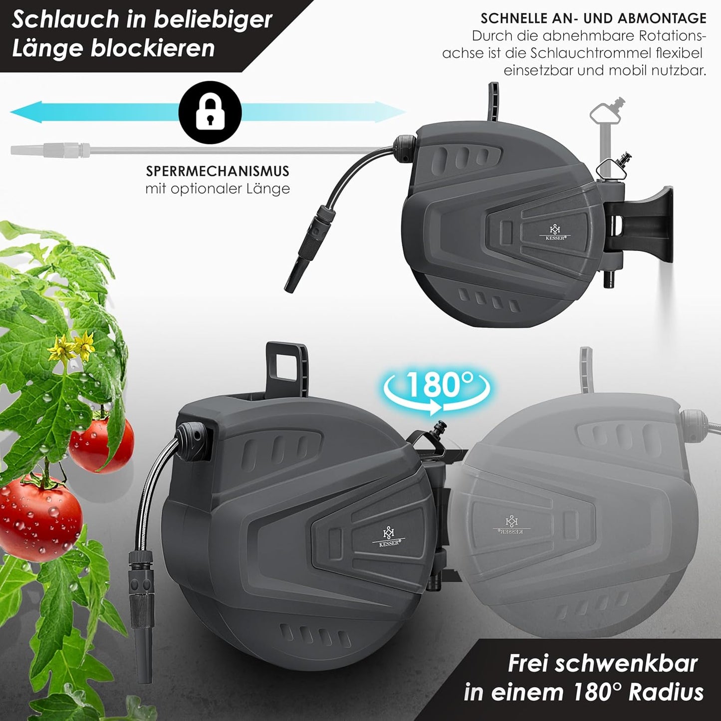 Schlauchaufroller mit Gartenschlauch, Anthrazit 20 m