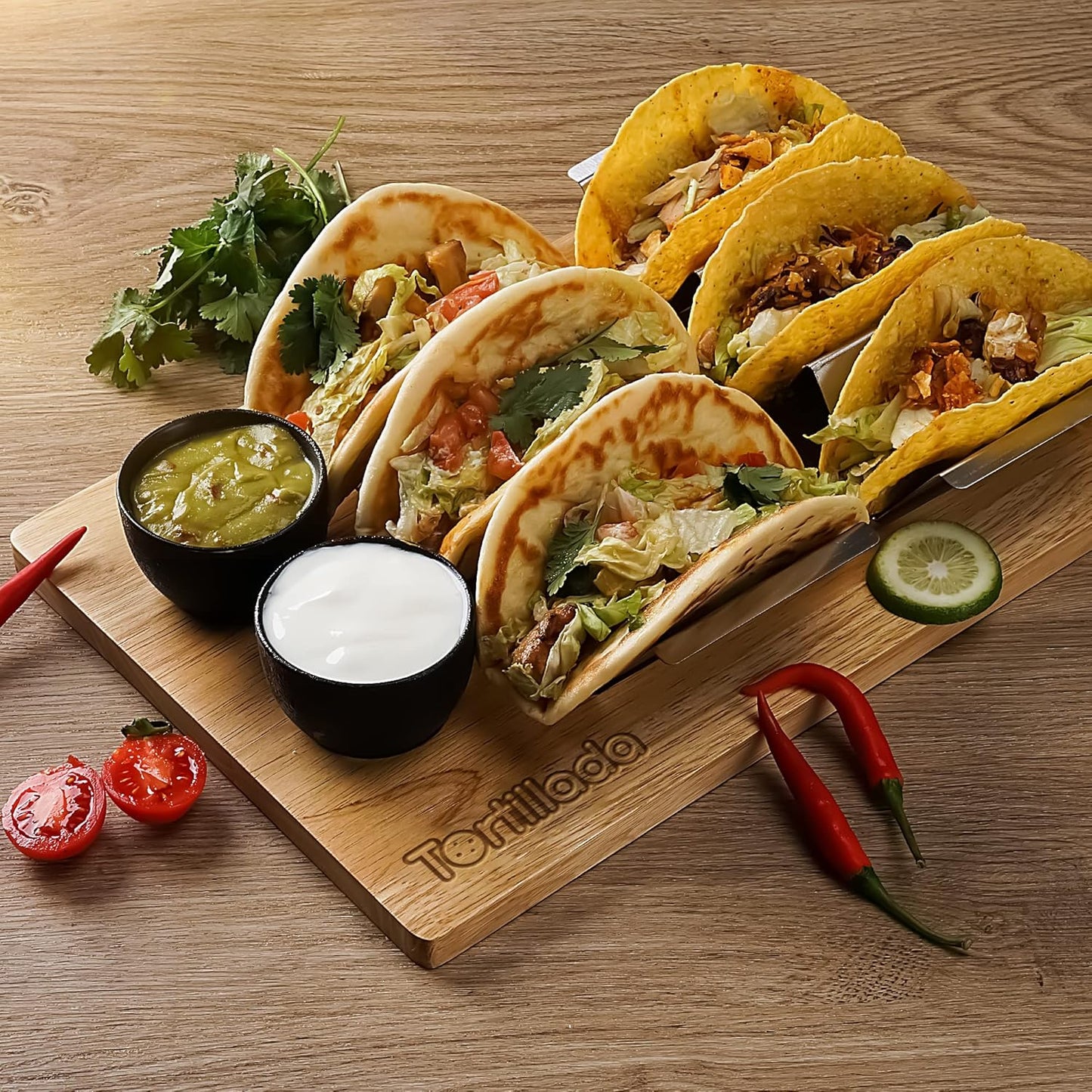 Taco- und Hotdog-Halter Set mit Servierbrett & Dipschalen