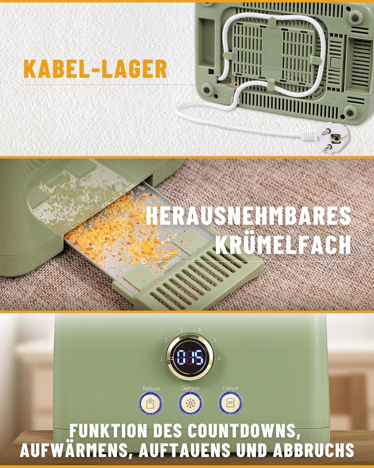 2 Scheiben Toaster mit Brötchenaufsatz und LED-Display, Grün