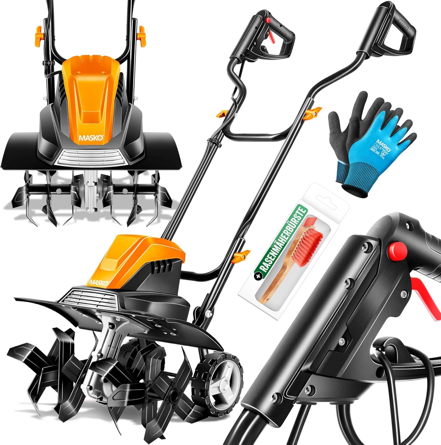 Elektrische Motorhacke, klappbar mit Zubehör, 40cm Arbeitsbreite, Orange
