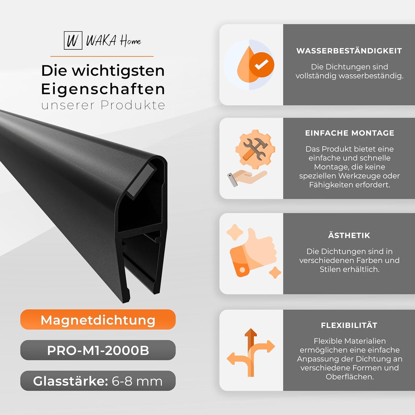 Magnet-Duschdichtung für Glastüren, Schwarz 6-8mm Glas | 90/180°