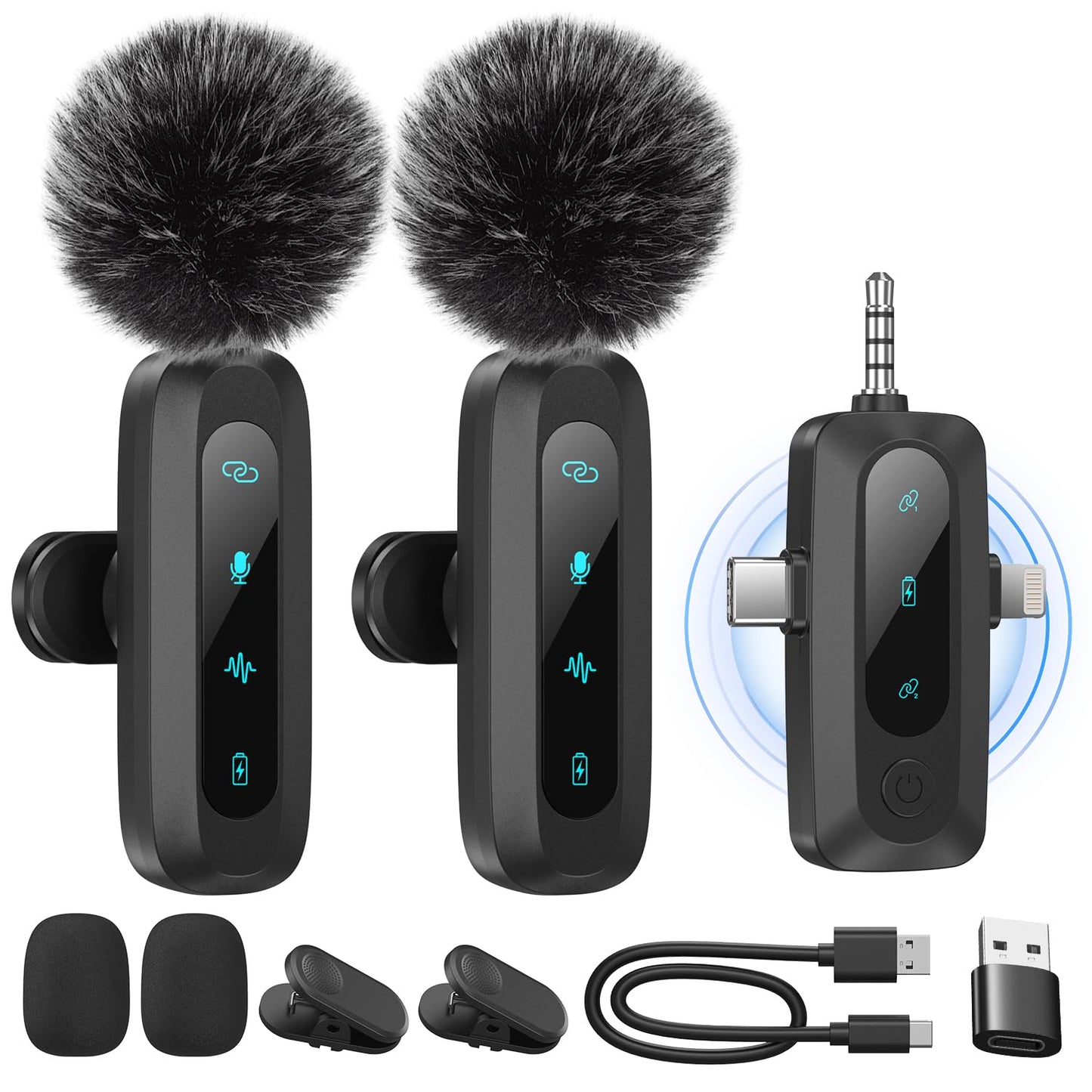 Lavalier-Mikrofon-Set mit 2 Mikrofonen, Tiefschwarz