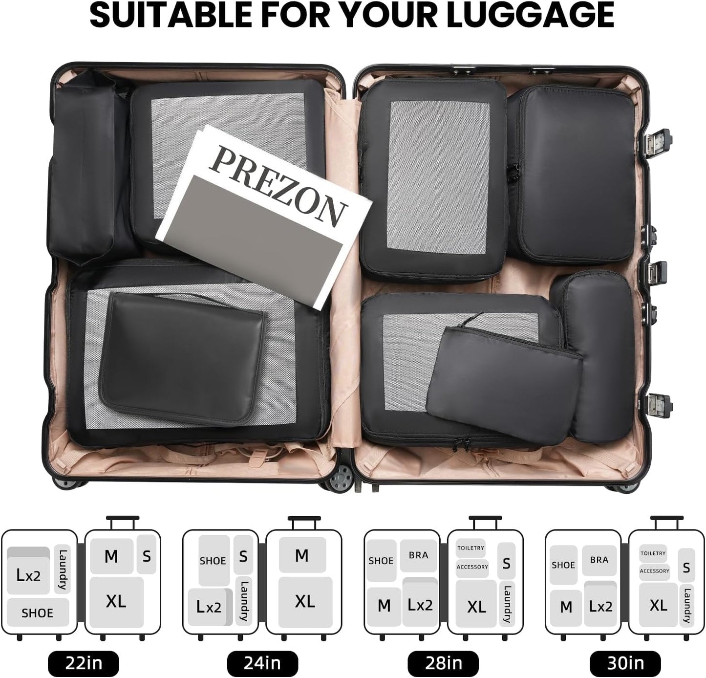 10-teiliges Gepäck-Organizer-Set, 10 Set, Schwarz