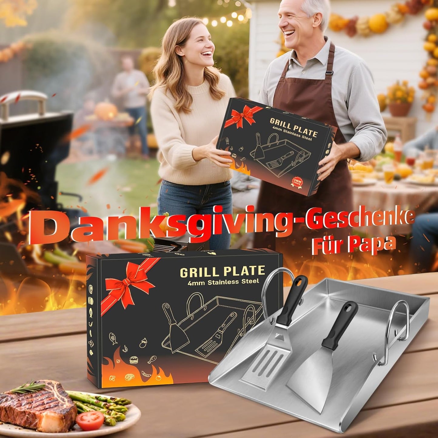 Grillplatte Plancha mit Grillspachtel-Set, Drei Kanten