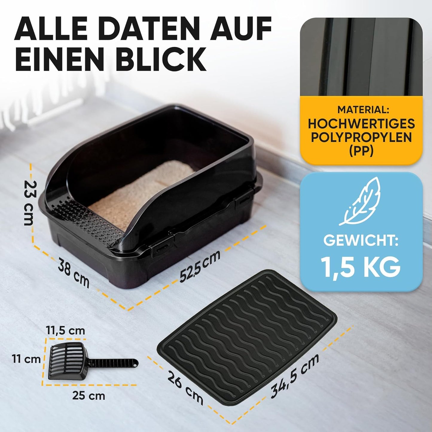 Katzentoilette mit hohem Rand, Schaufel und Streumatte, offen schwarz