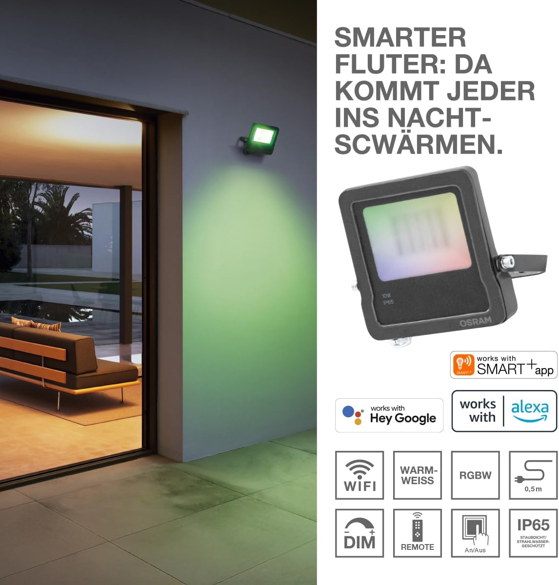 LED-Flutstrahler mit Kamera & Sensoren, Flutstrahler / Kamera per App steuerbar