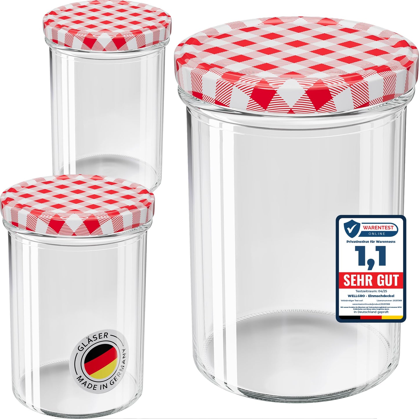 Einmachgläser-Set mit Schraubdeckel, Rot Kariert 435 ml 25