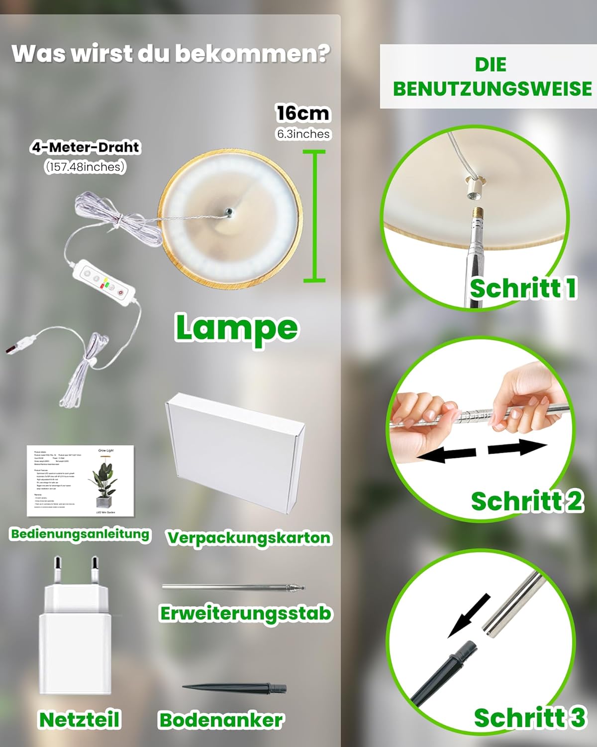 Höhenverstellbare LED-Wachstumslampe, Bambus 1 PCS