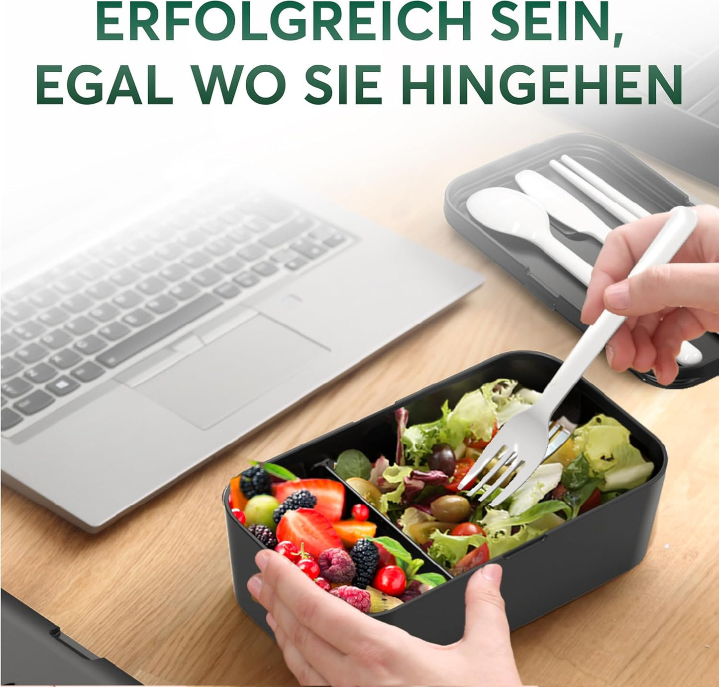 Auslaufsichere Bento Lunchbox mit Besteck & Fächern, Schwarzes Rosenholz L - 1500 ml