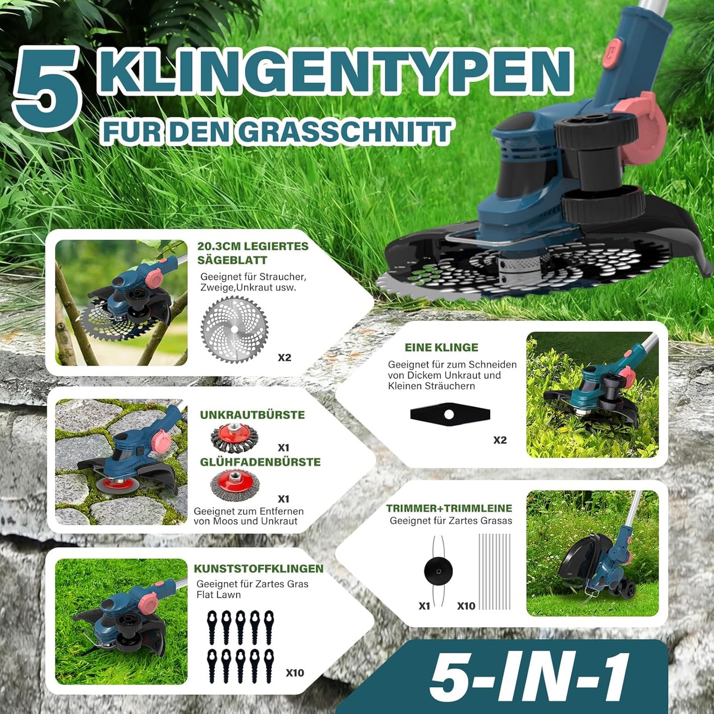 2-in-1 Rasentrimmer/Kantenschneider HY-15 mit Akku, Blau