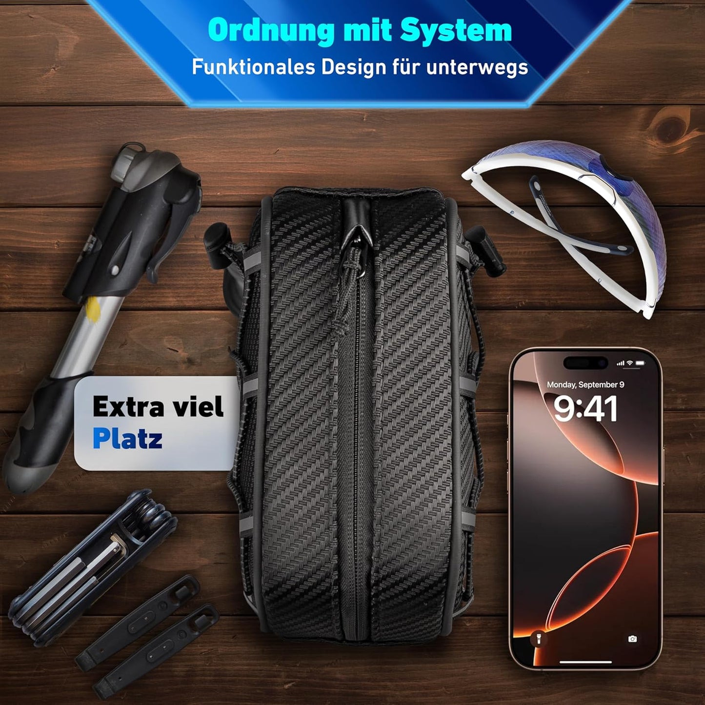 Rahmentasche mit Schnellspanner und Handyfach, Schwarz