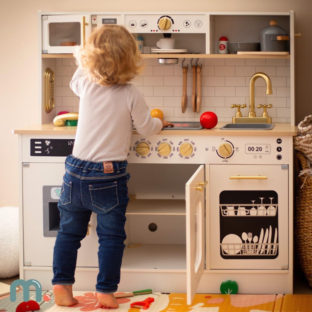 Höhenverstellbare Kinderküche mit LED, Eiswürfelbereiter, Mikrowelle, Kochfeld und Spülmaschine, Holz-kinderküche mit Led-beleuchtung