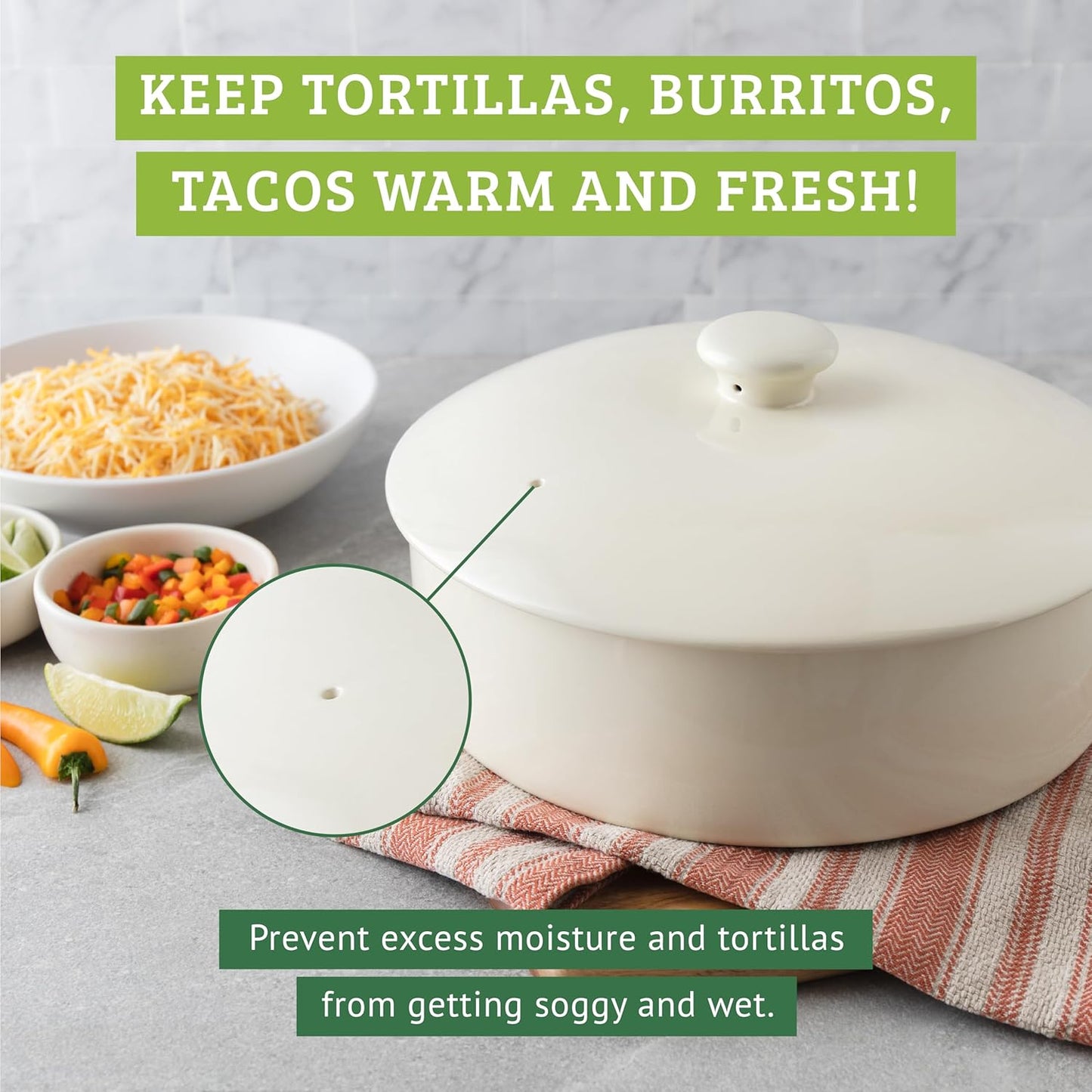 Tortilla Wärmer aus Keramik für Backofen & Mikrowelle, Crème 25,4 cm