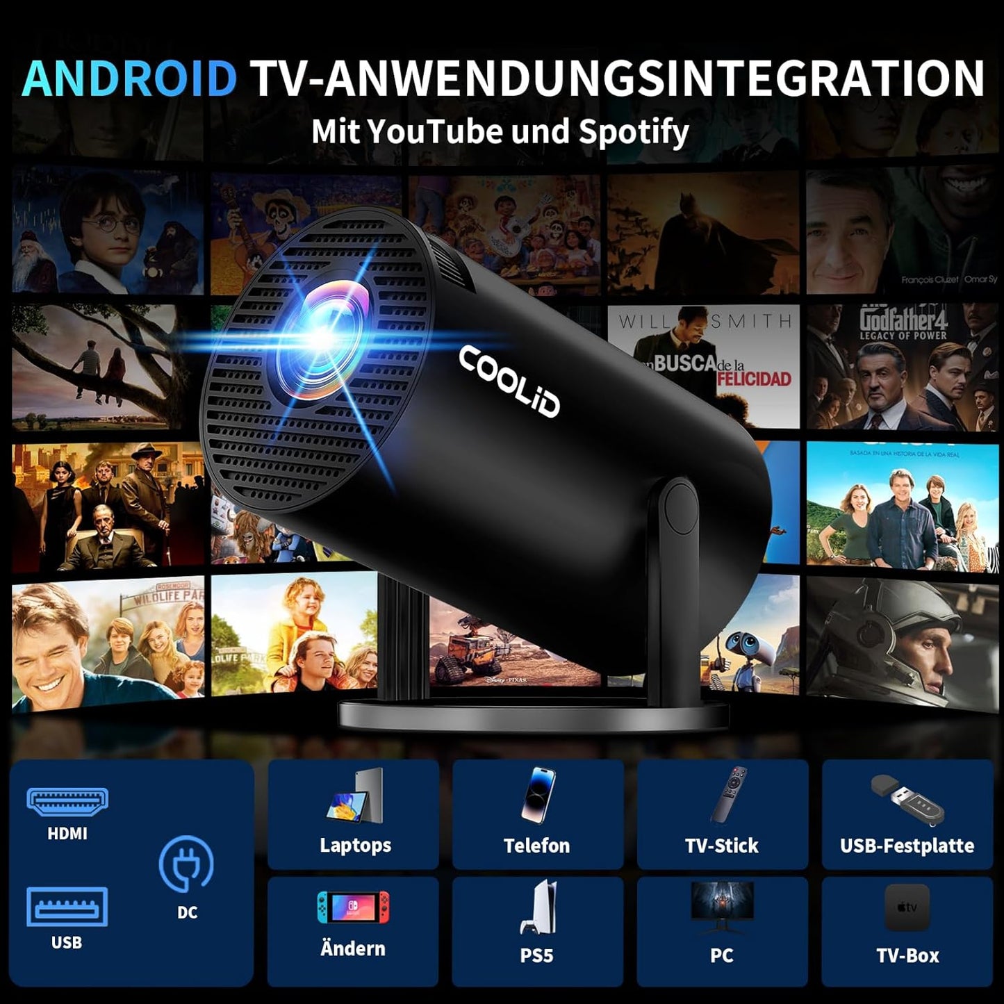 Mini Beamer mit 4K-Unterstützung und 5G WiFi 6, Black-X