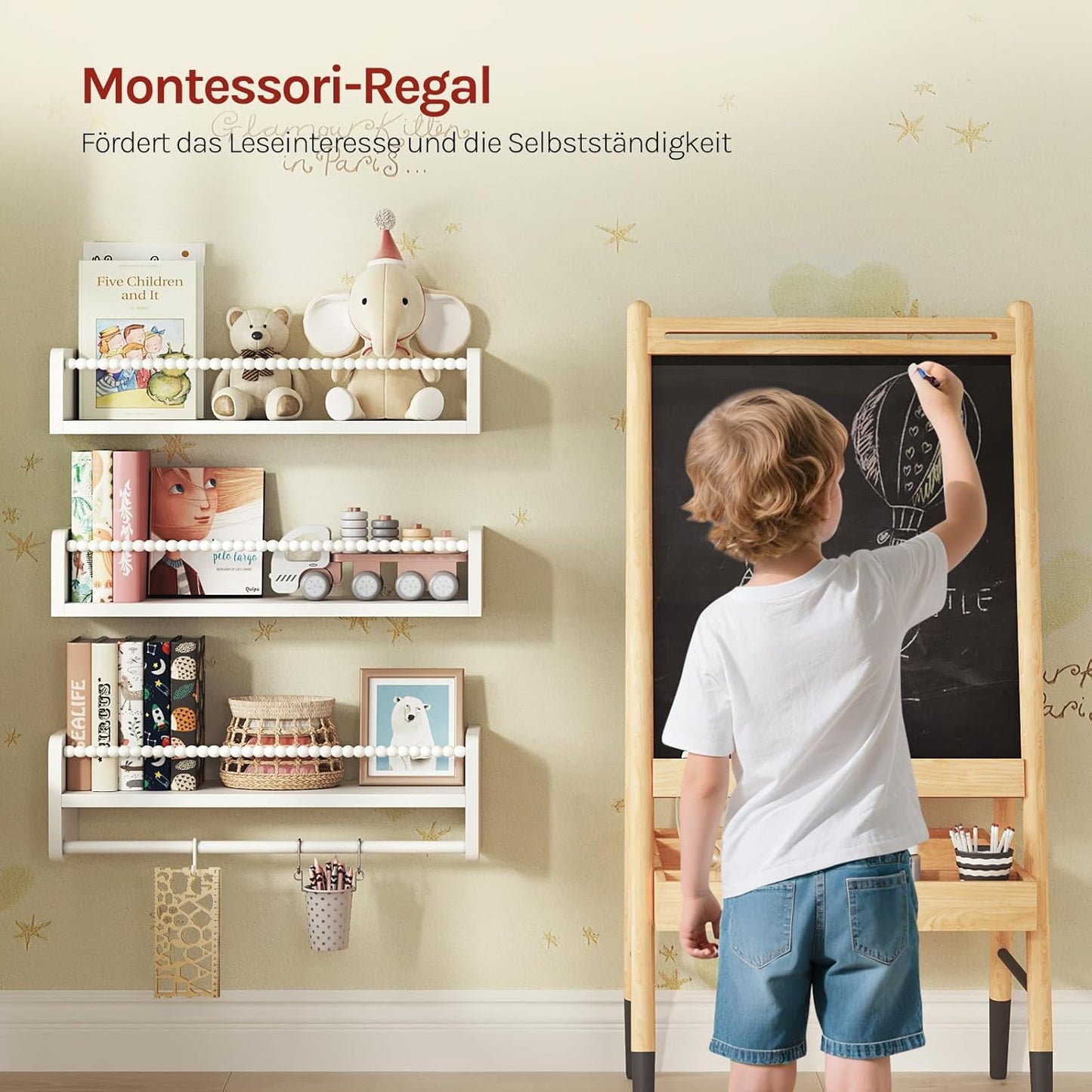 3er-Set Kinder-Bücherregal für die Wand, 60 x 15 x 14 cm Weiss