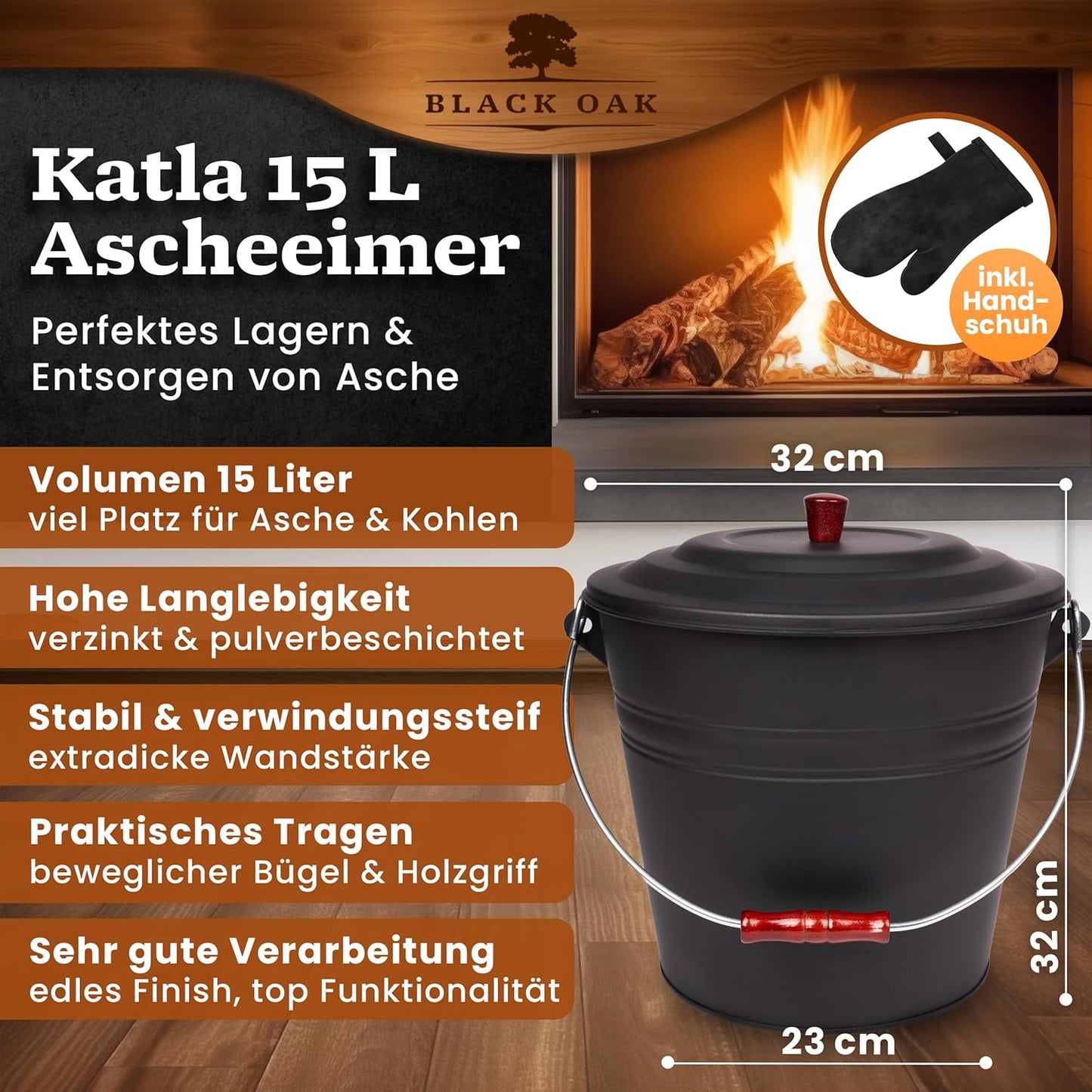Ascheeimer Katla Set mit Lederhandschuh, Katla 15L Eimer + Lederhandschuh Eimer & Zubehör 2